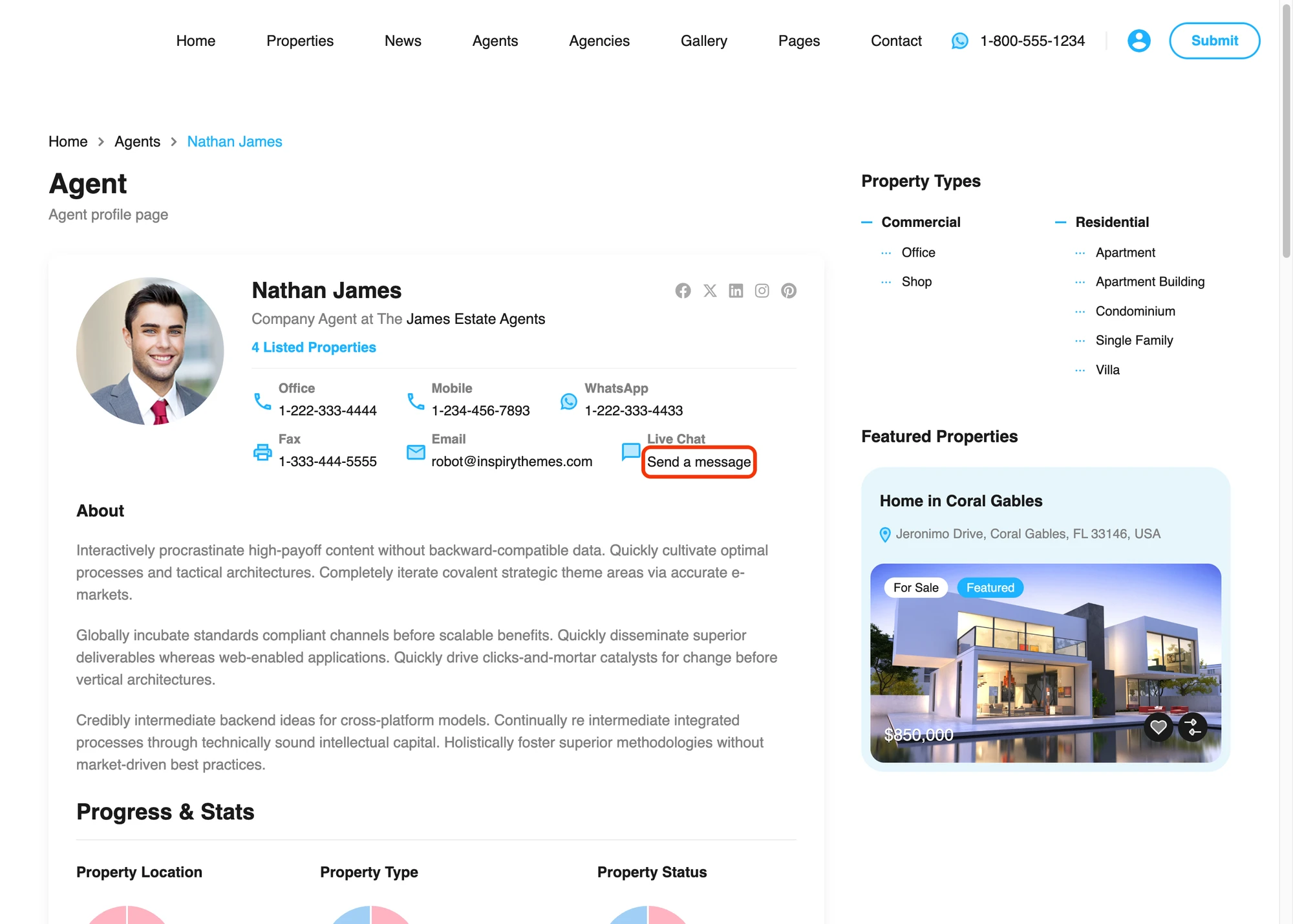 Live Chat contact row on the RealHomes agent profile page