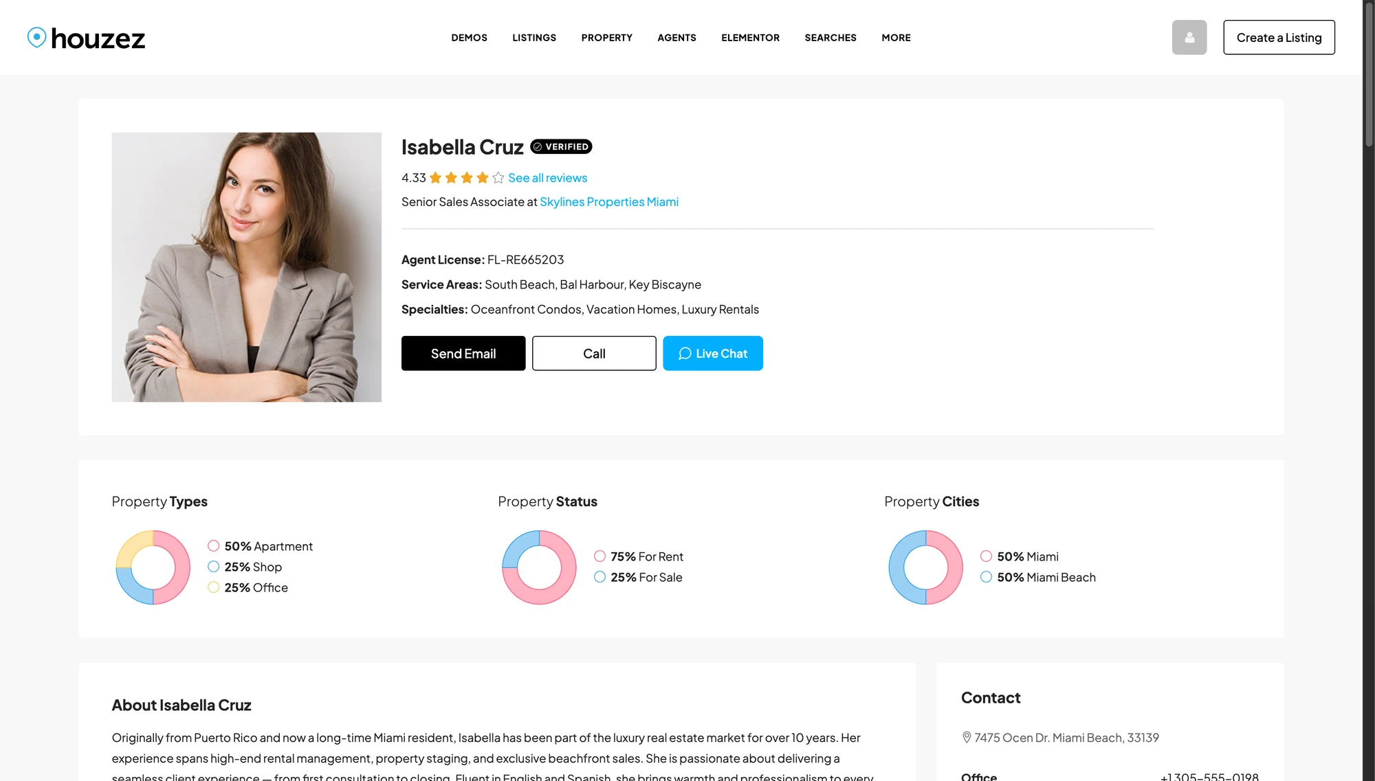 Live Chat row on the Houzez agent profile contact panel