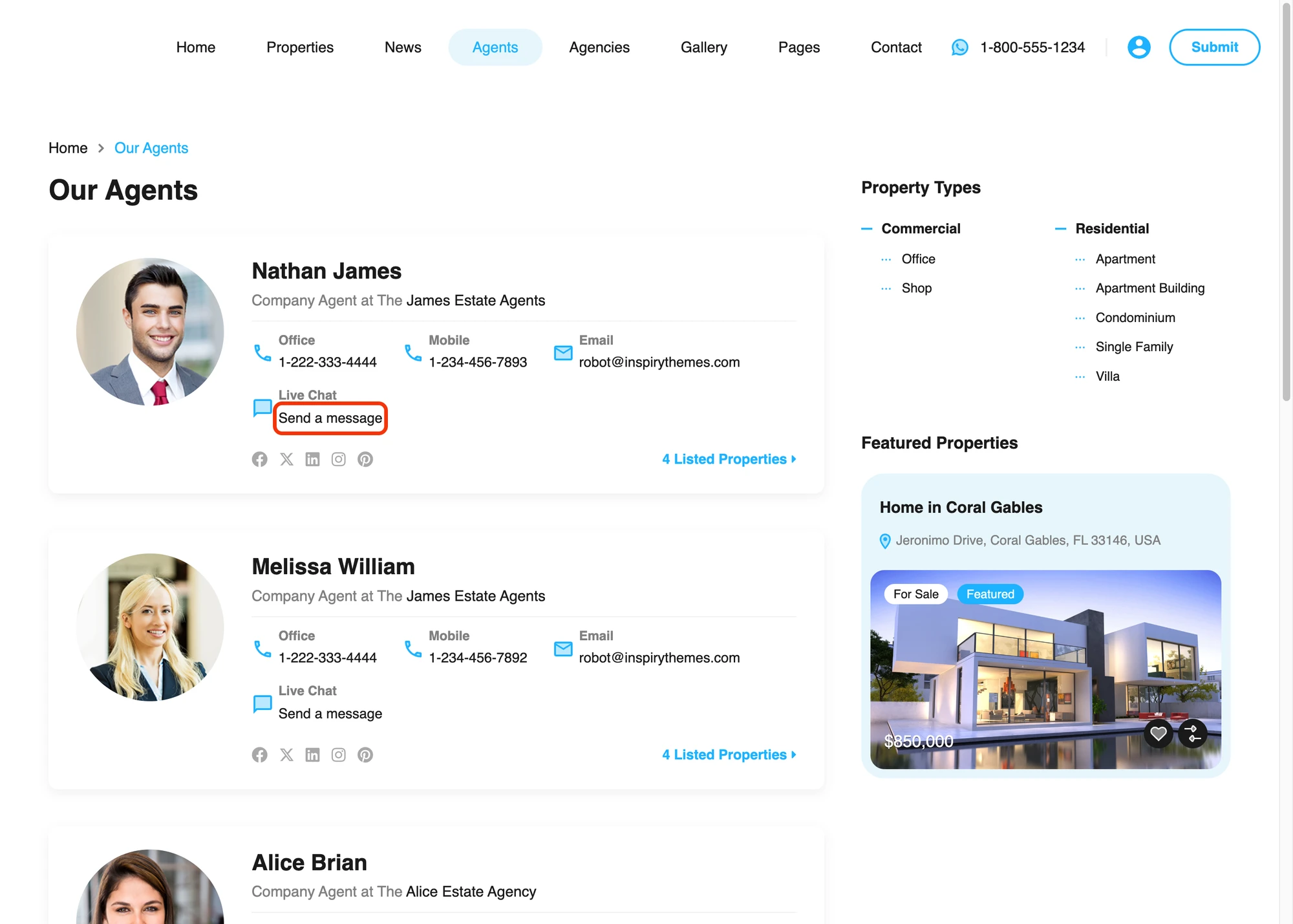 Agents listing with a Live Chat row on every card