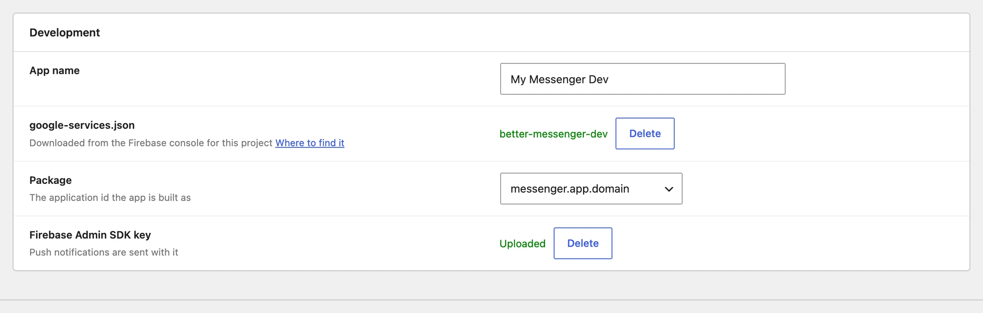 Android development build settings in Better Messages
