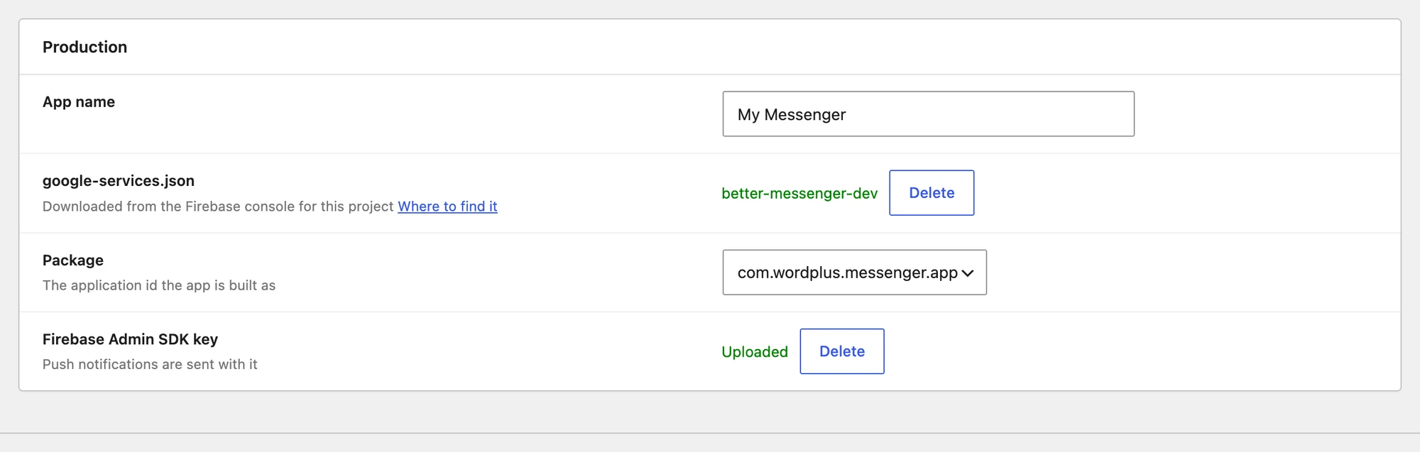 Android production build settings in Better Messages