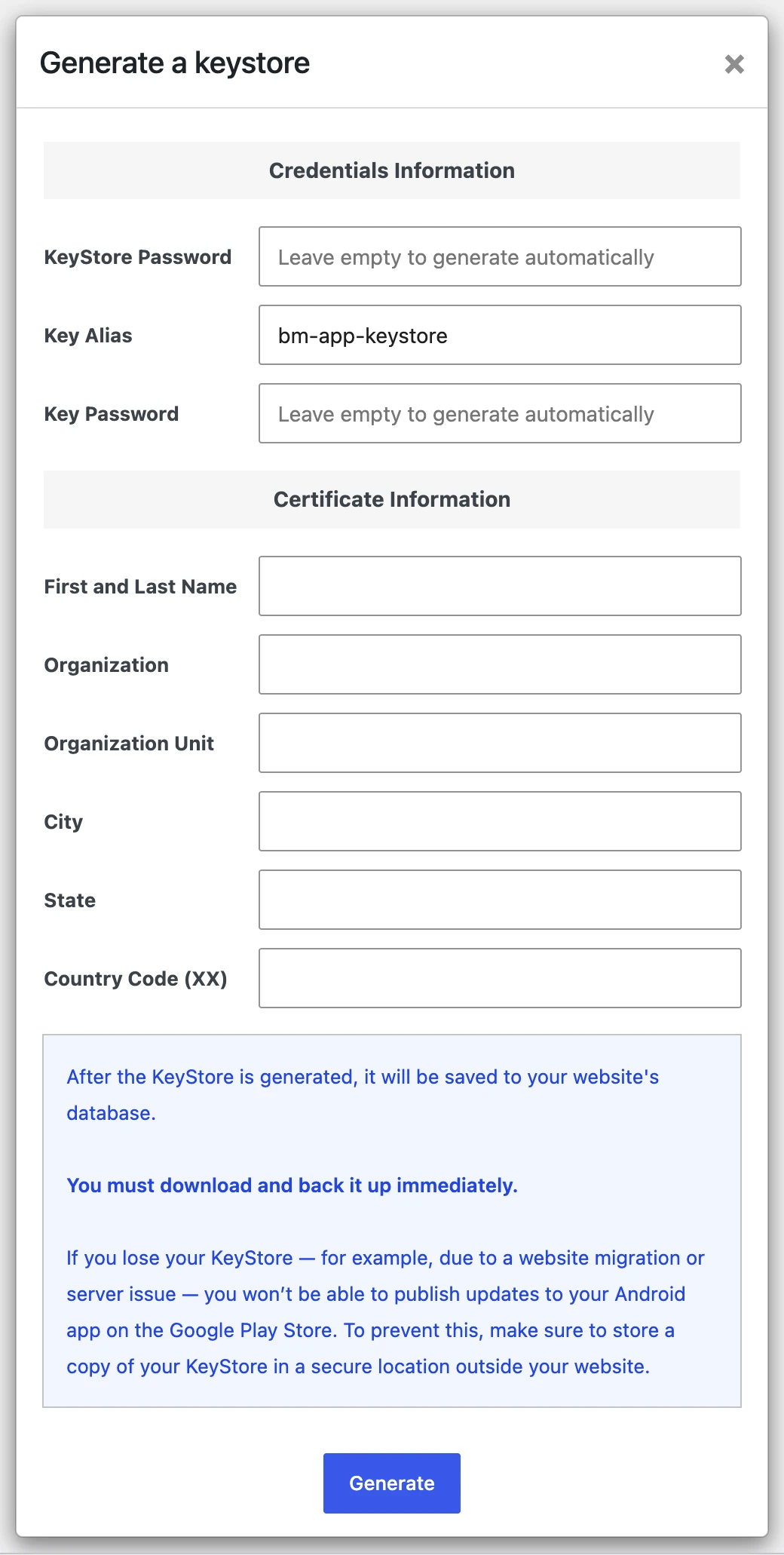 The Generate a keystore dialog, with credentials and certificate fields