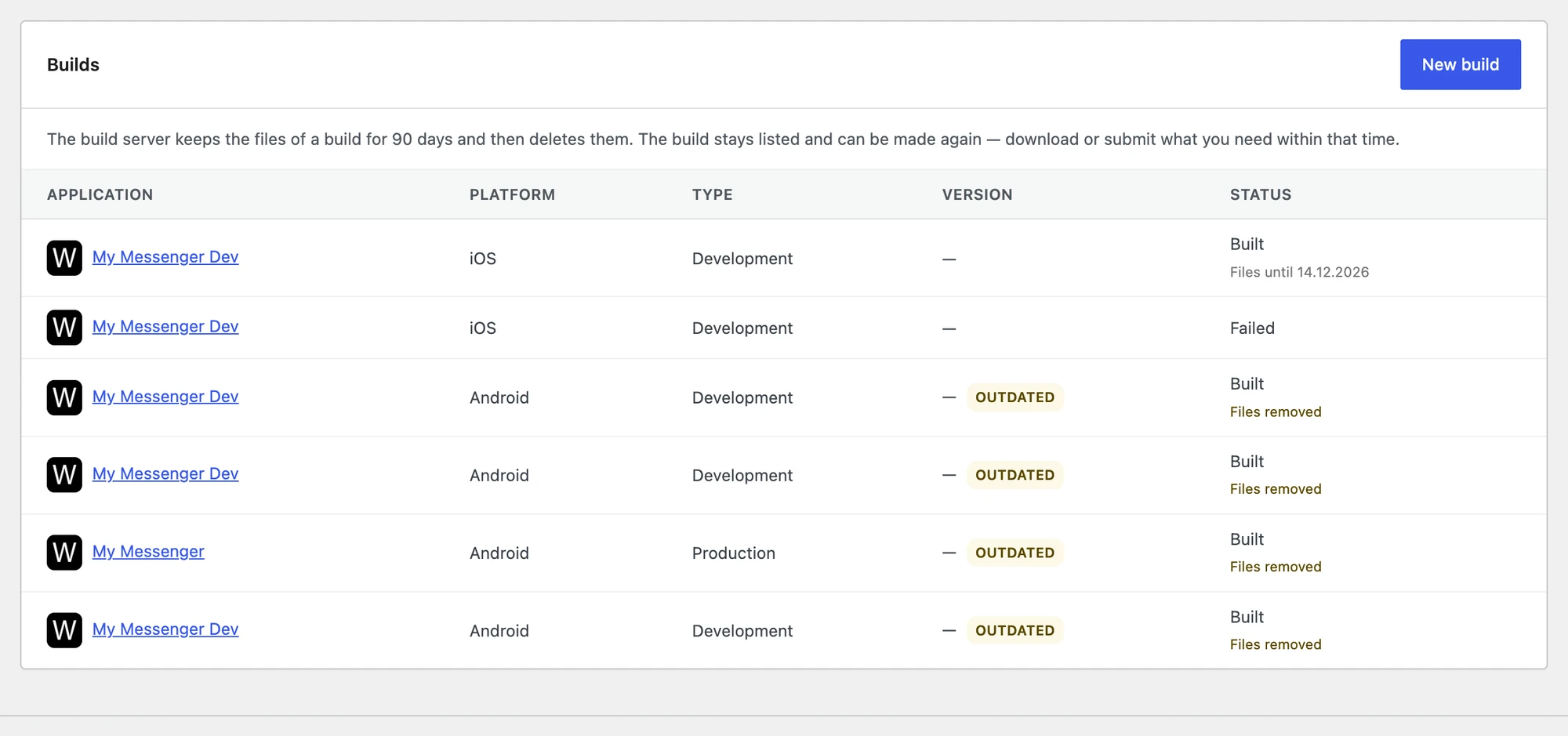 The Builds tab in Better Messages, listing previous builds with their status