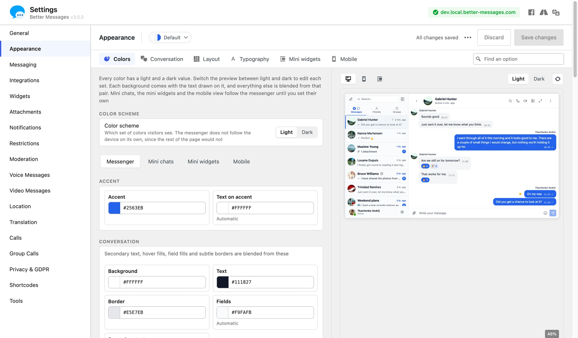 The Appearance tab in WP Admin, with colors on the left and a live messenger preview on the right