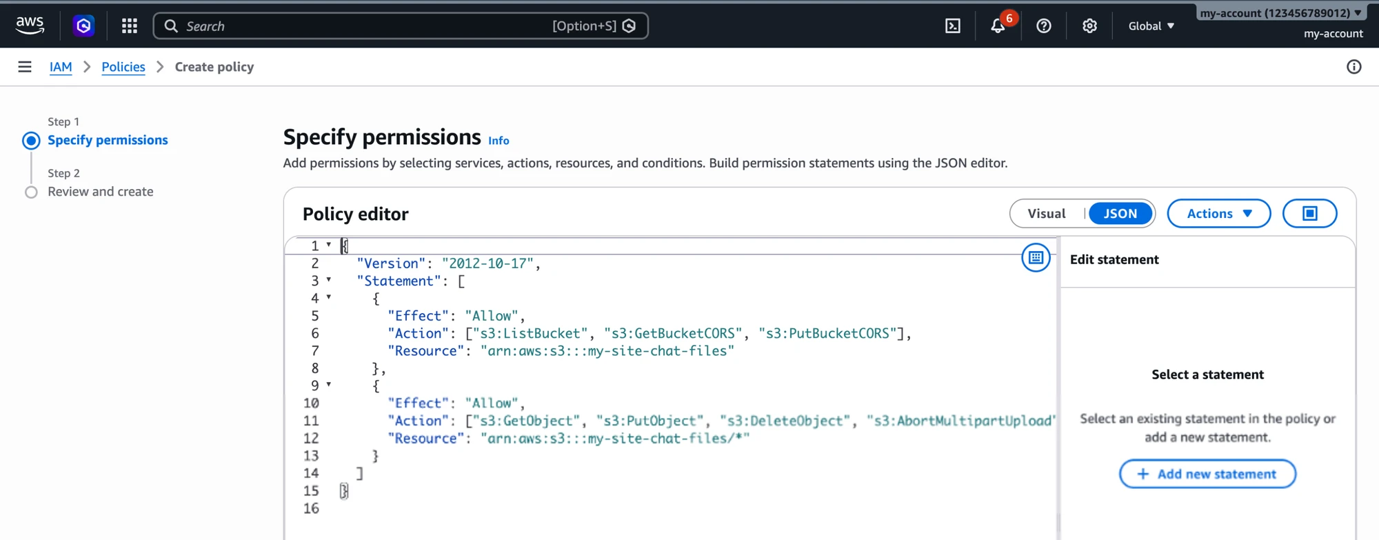 IAM Create policy with the one-bucket policy in the JSON editor