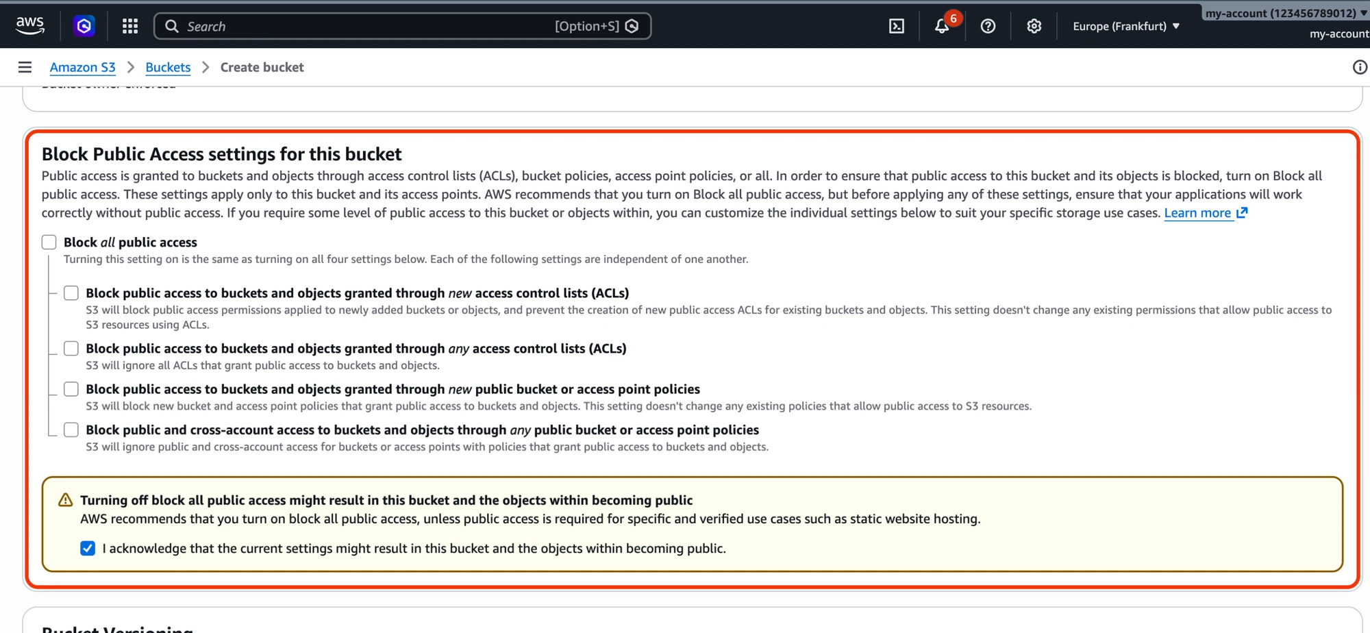Block all public access turned off for the public bucket, with the acknowledgement ticked