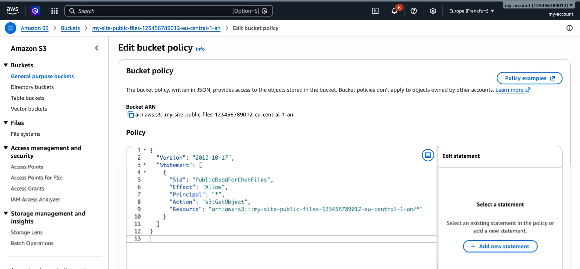 Edit bucket policy with the public-read policy