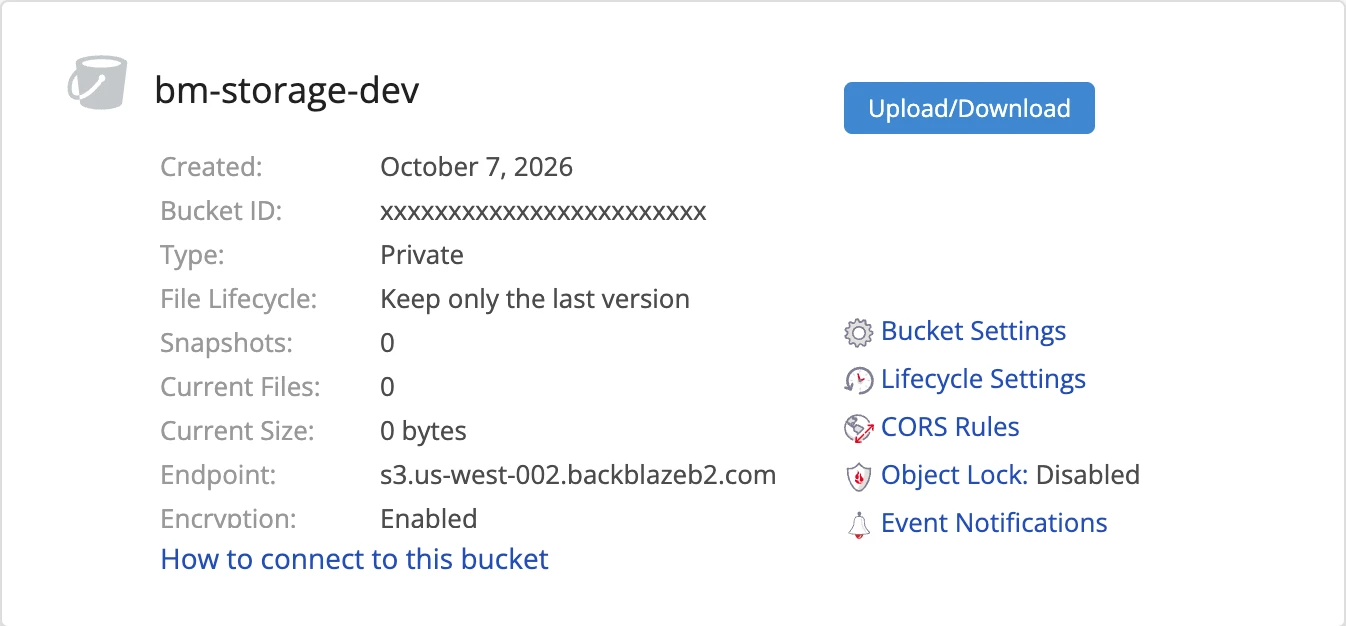 The bucket's card with its Endpoint and the Lifecycle Settings and CORS Rules links