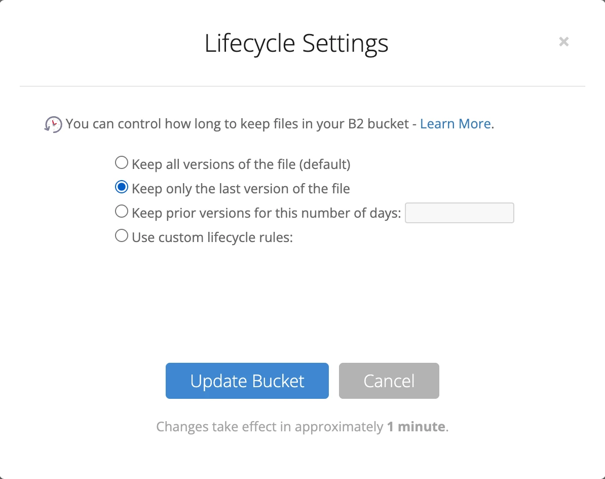 Lifecycle Settings with Keep only the last version of the file selected