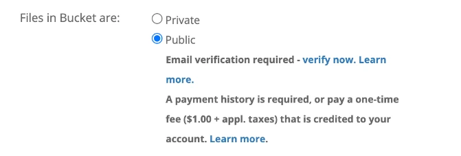 Public selected in Create a Bucket, with the email verification and payment notice