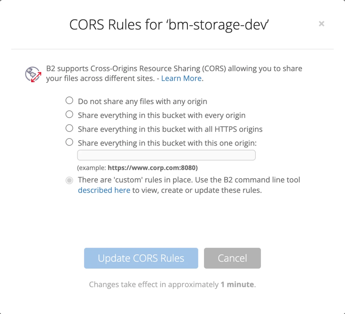 B2's CORS Rules dialog saying there are custom rules in place after Configure CORS