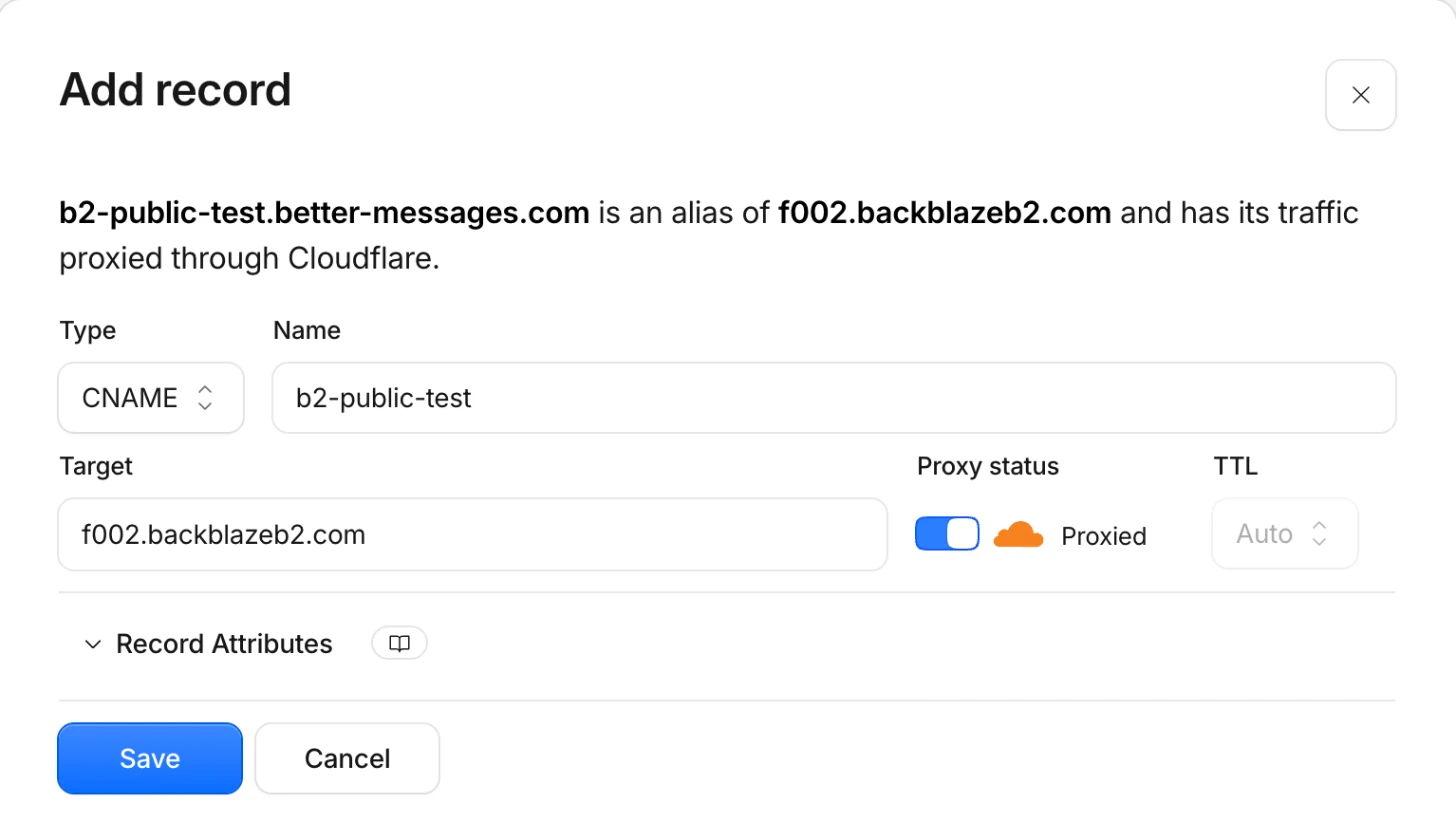 Add record in Cloudflare: a proxied CNAME pointing to the bucket's download host
