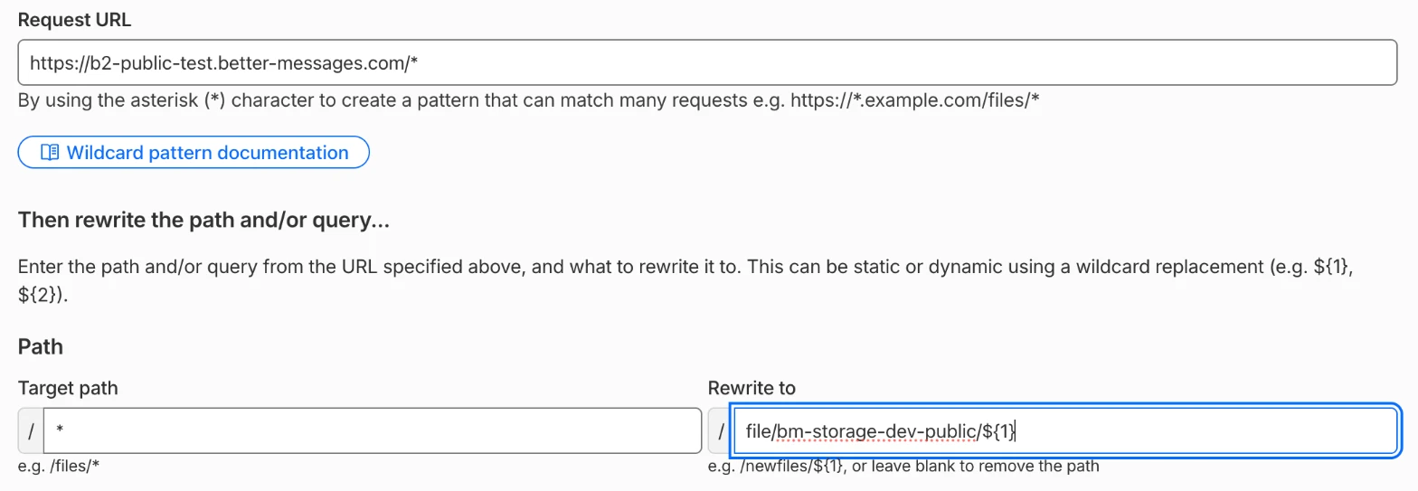 URL Rewrite Rule with the request URL pattern and the path rewritten to /file/ and the bucket name