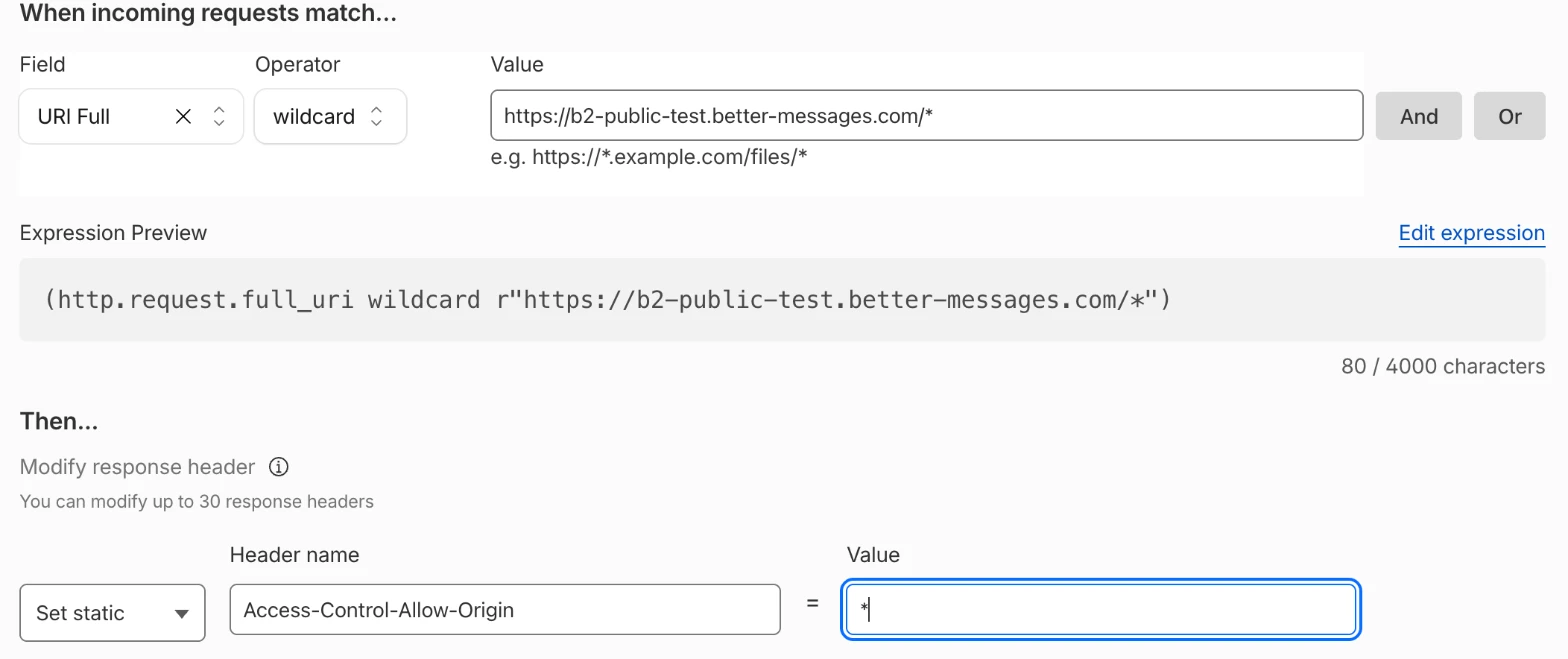 Response Header Transform Rule setting Access-Control-Allow-Origin to * for the files domain