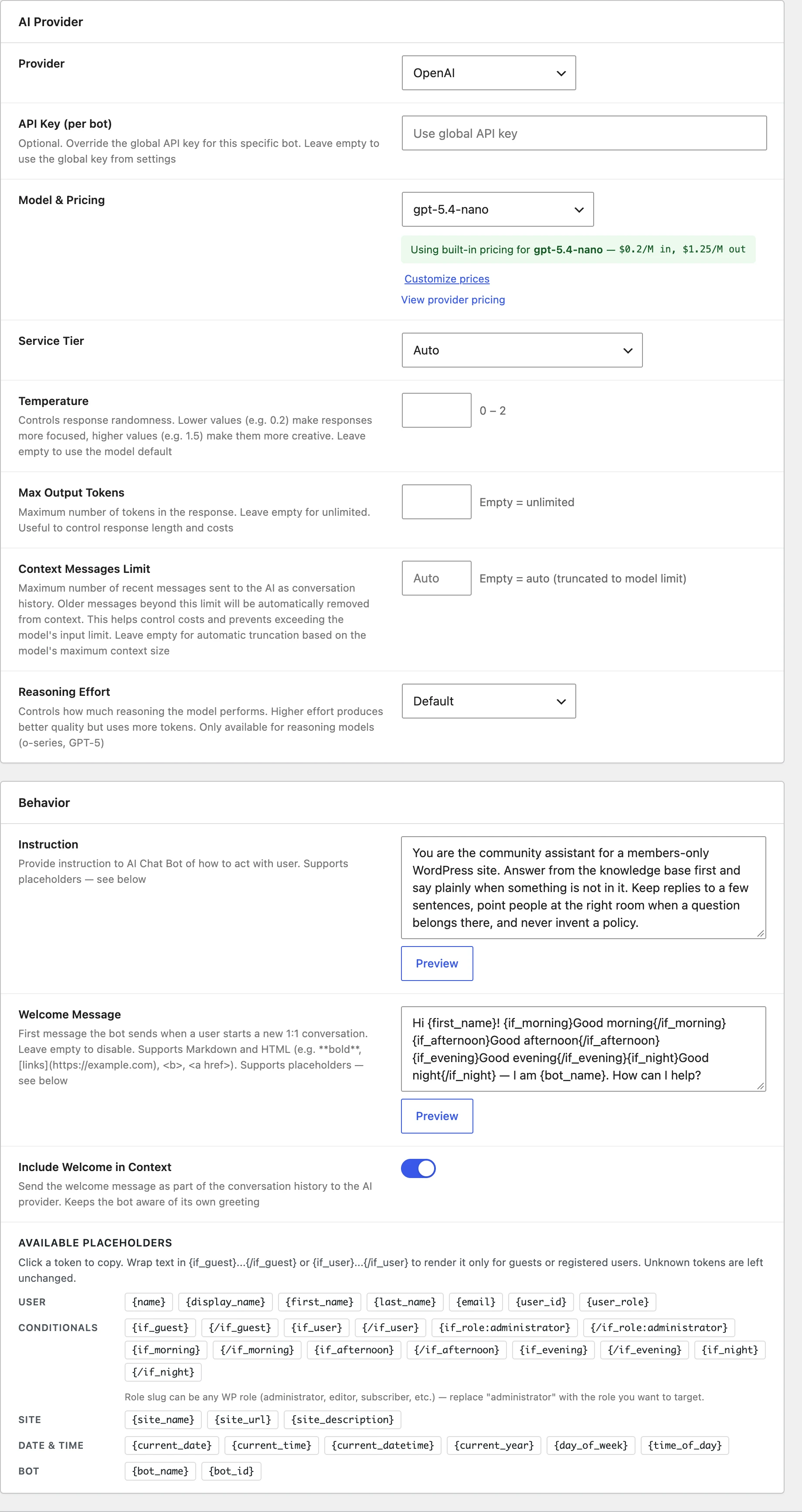 Bot Behavior panel with Instruction, Welcome Message, and placeholder chips