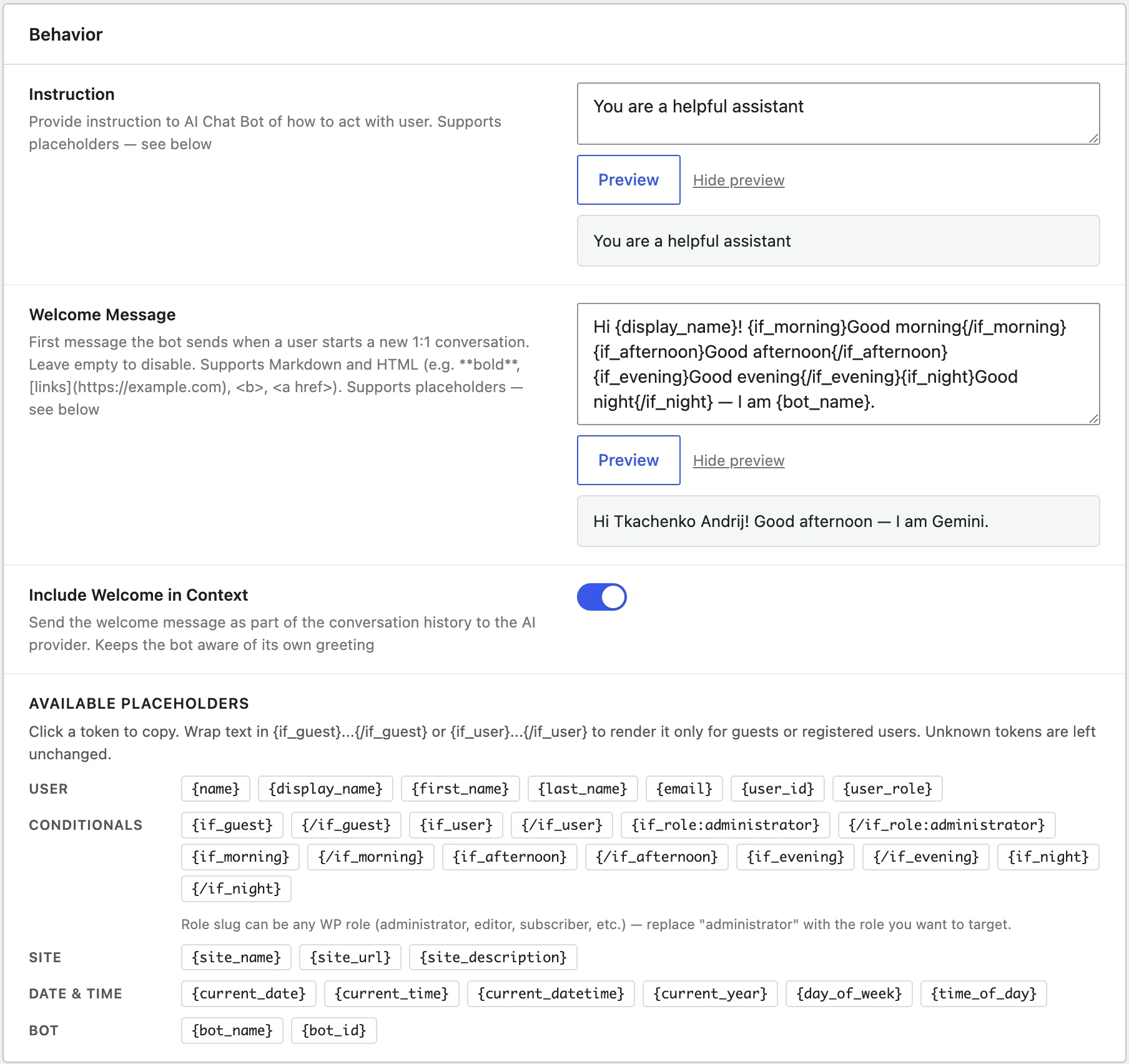 Bot Behavior panel with Instruction, Welcome Message, and placeholder chips