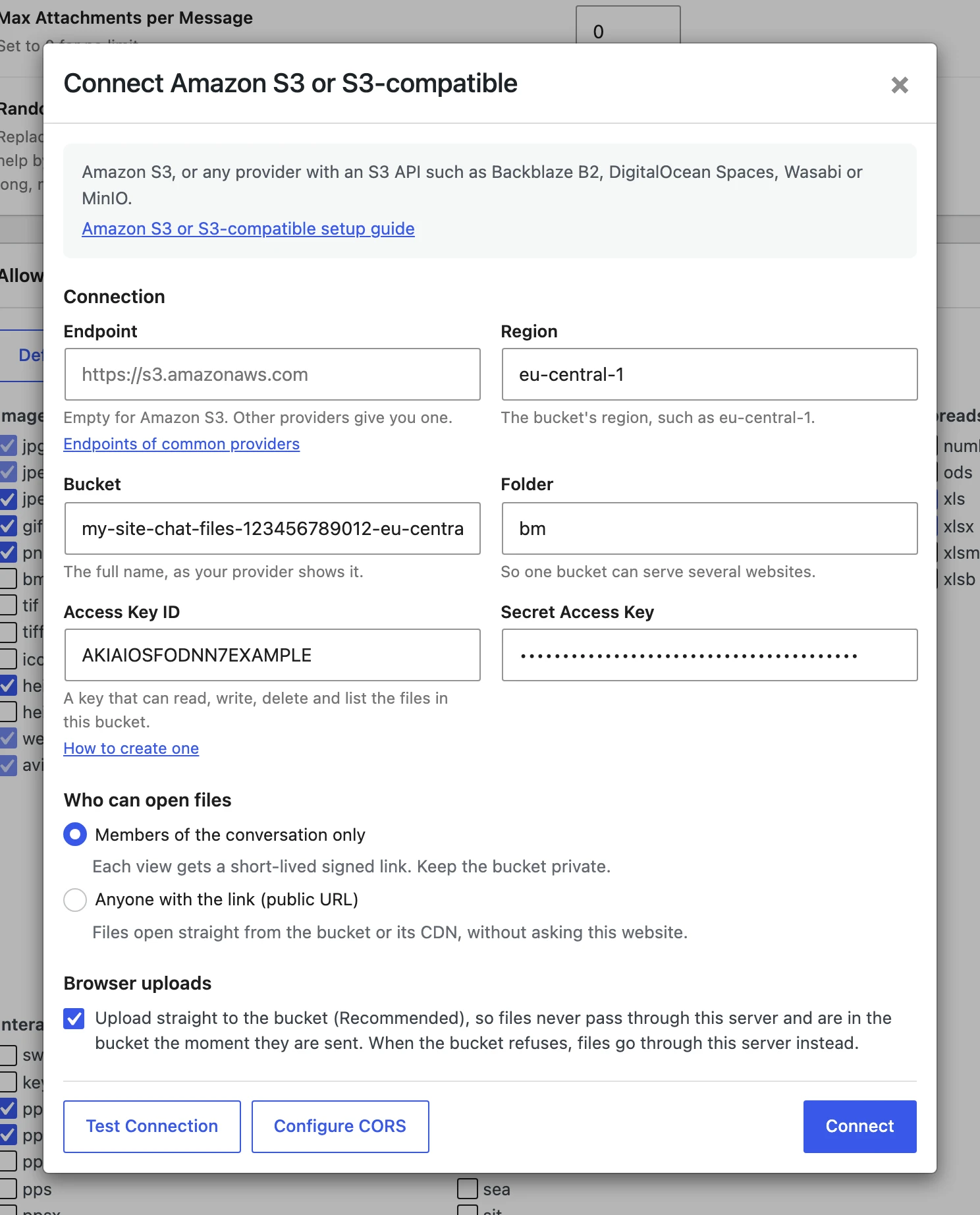 Connect dialog filled in for Amazon S3 with an empty endpoint