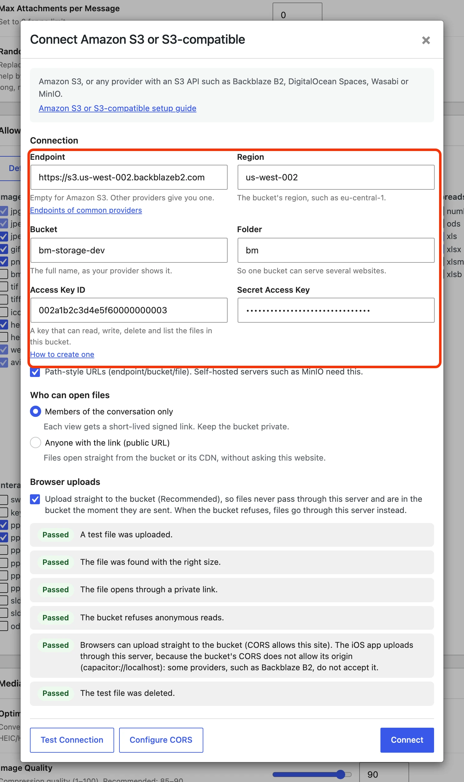 Connect Amazon S3 or S3-compatible filled in for Backblaze B2, with every Test Connection line passed