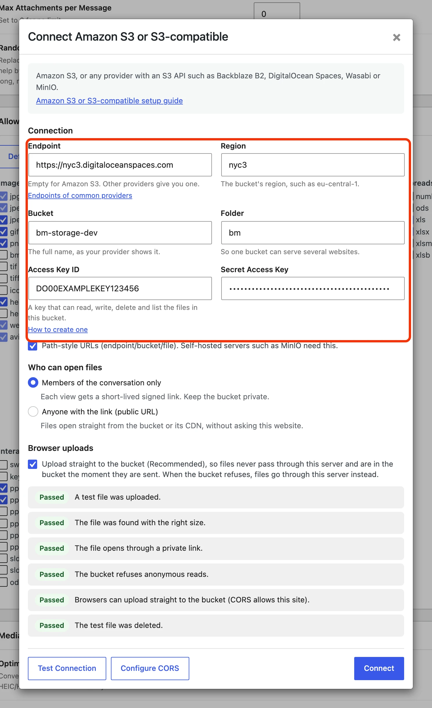 Connect Amazon S3 or S3-compatible filled in for DigitalOcean Spaces, with every Test Connection line passed