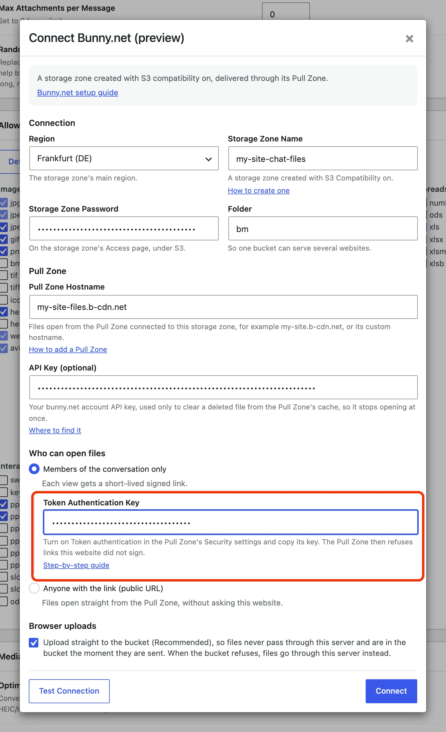 Connect Bunny.net dialog filled in, with the Token Authentication Key under Members of the conversation only