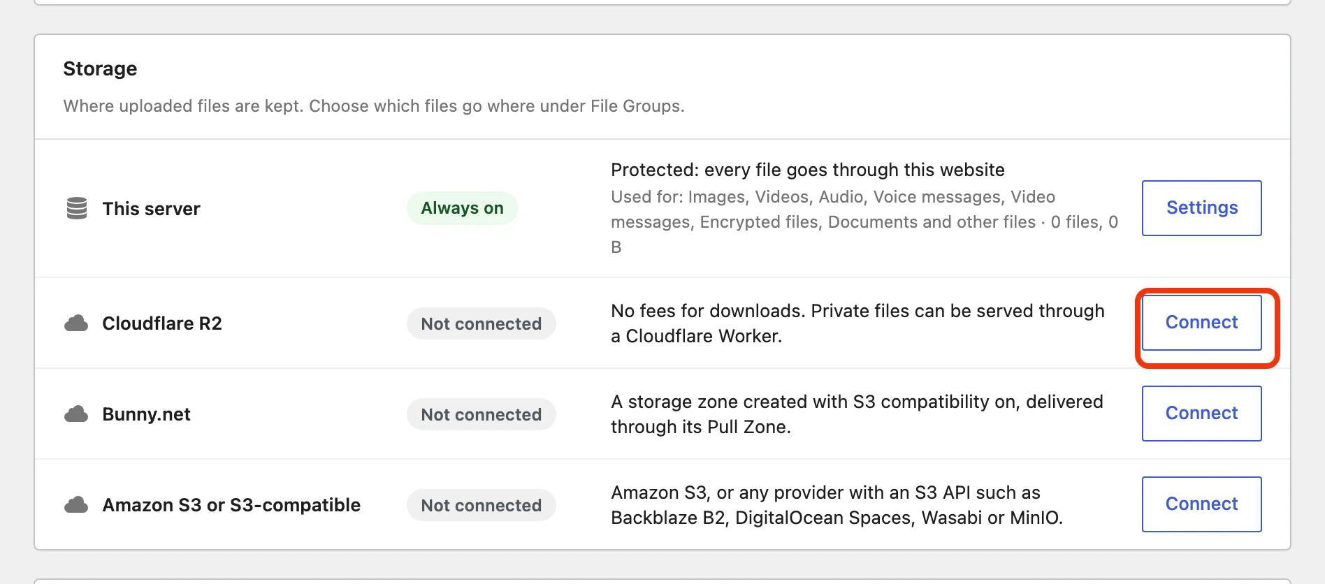 Storage section of the Attachments settings with the Connect button of Cloudflare R2