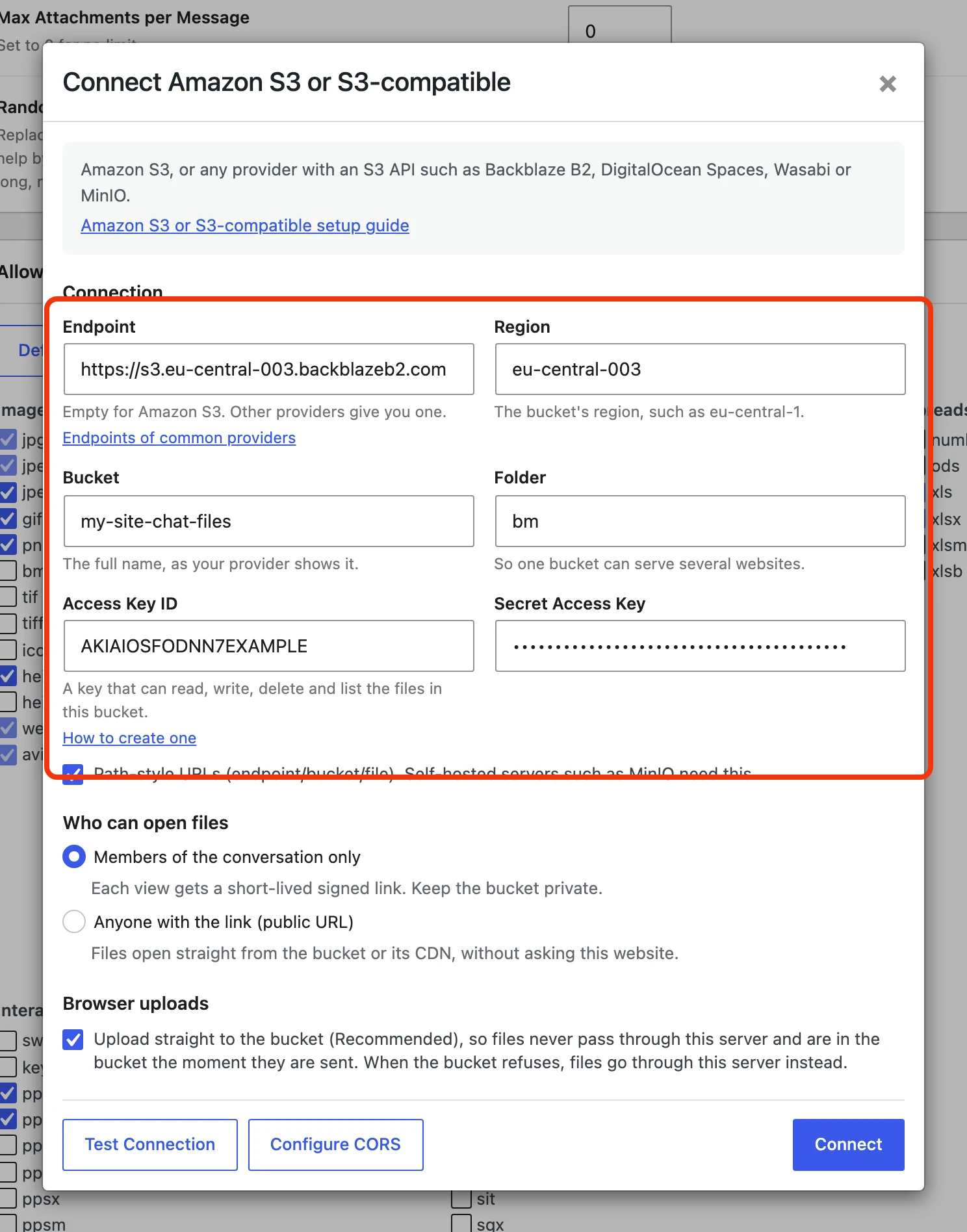 Connect Amazon S3 or S3-compatible dialog filled in for a provider with its own endpoint