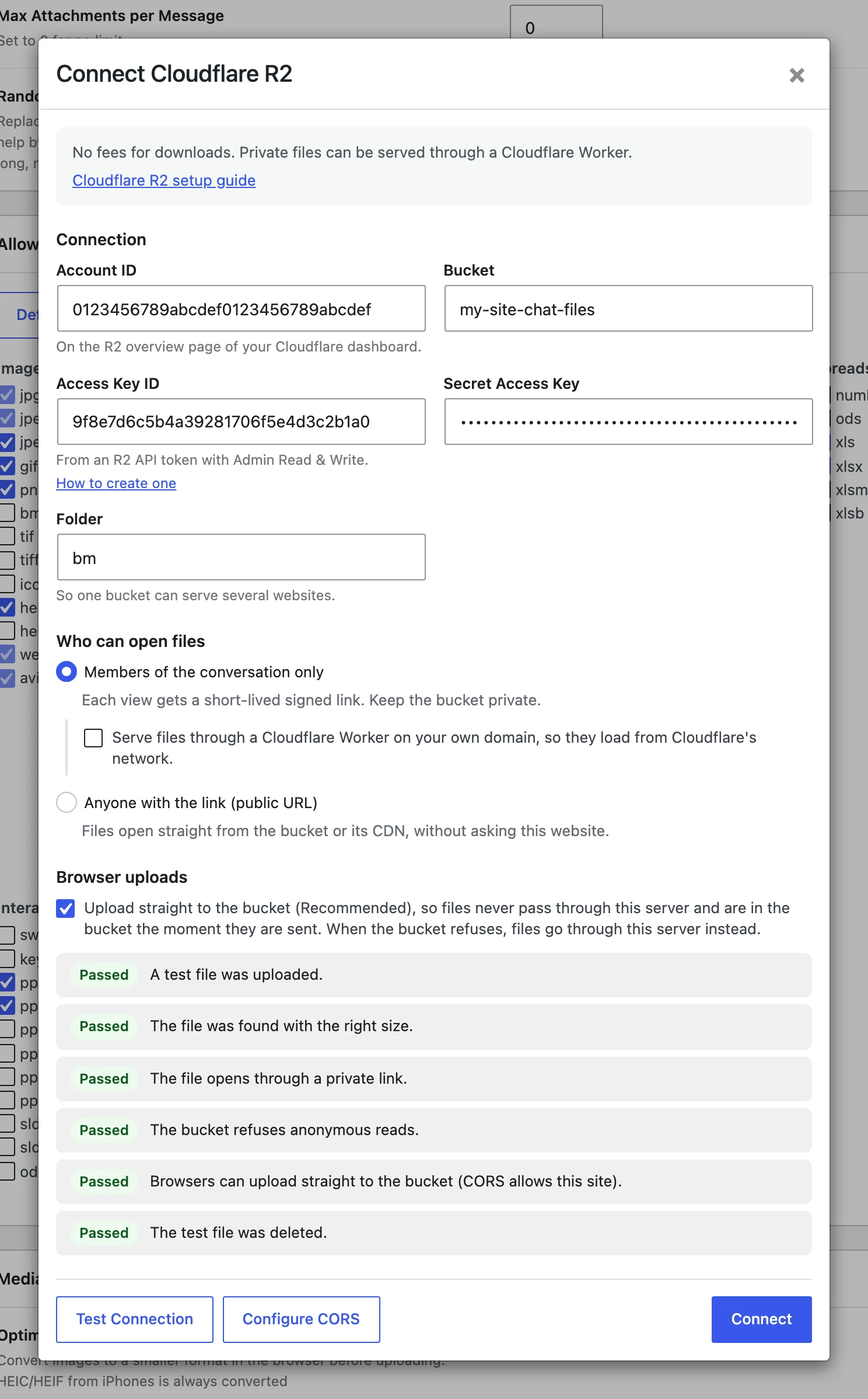 Connect Cloudflare R2 dialog filled in, with every Test Connection check passed
