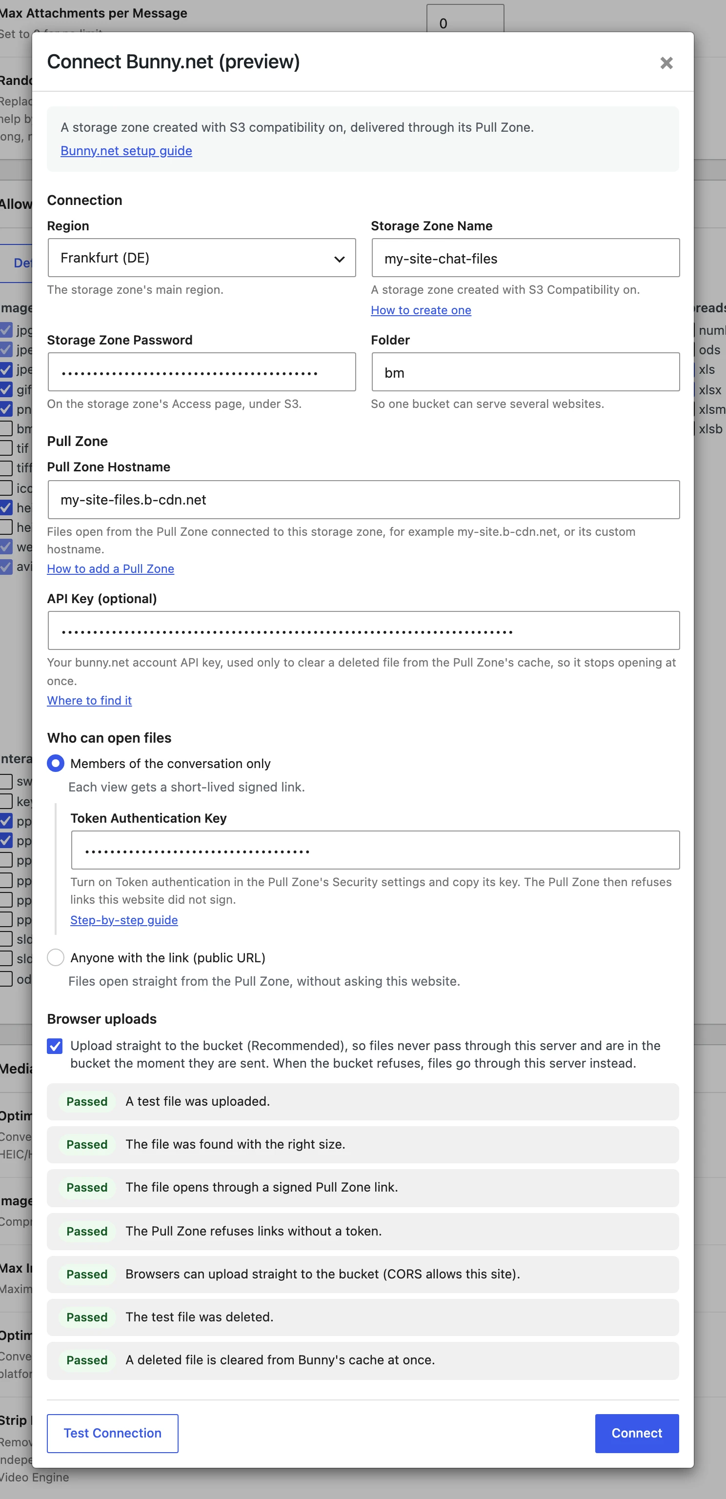 Test Connection with every check passed, ending with the deleted file cleared from Bunny's cache