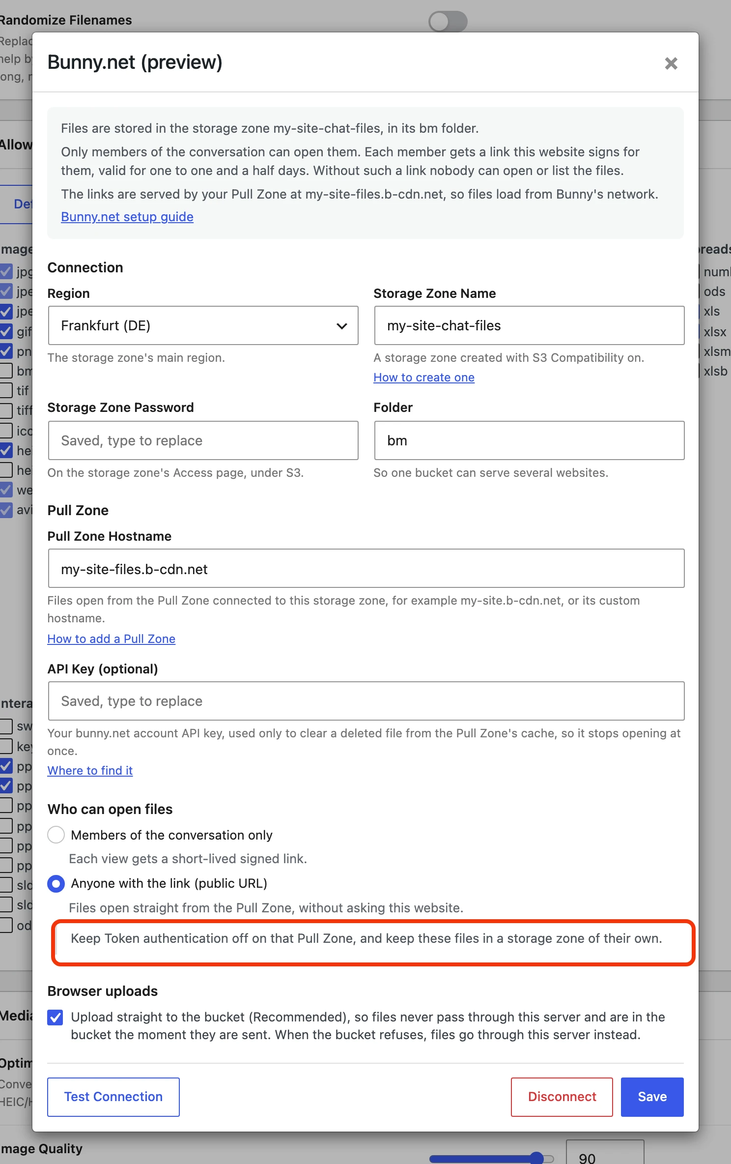Anyone with the link chosen for Bunny, with the note to keep token authentication off