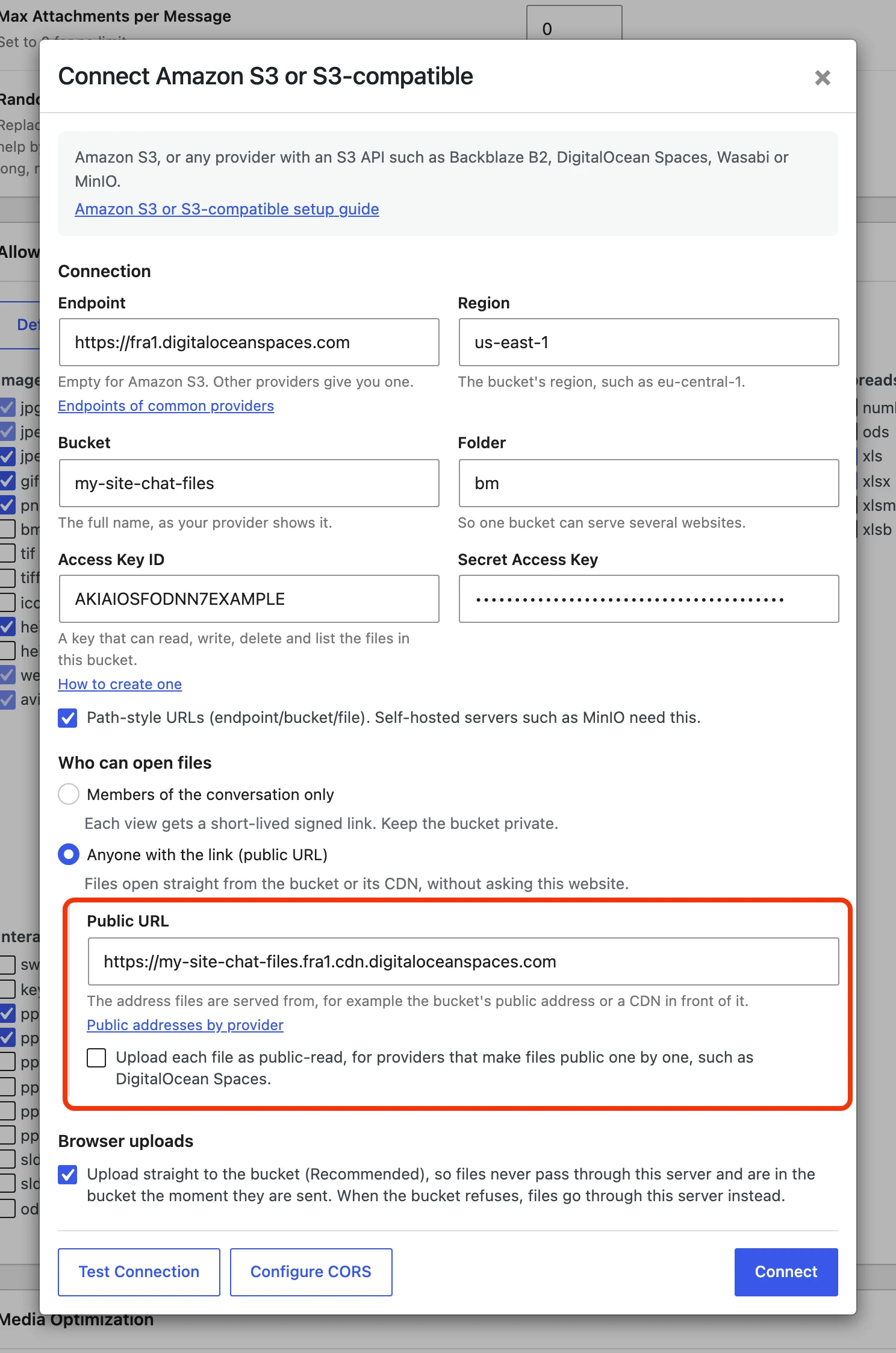 Anyone with the link chosen, with the Public URL and the Upload each file as public-read option