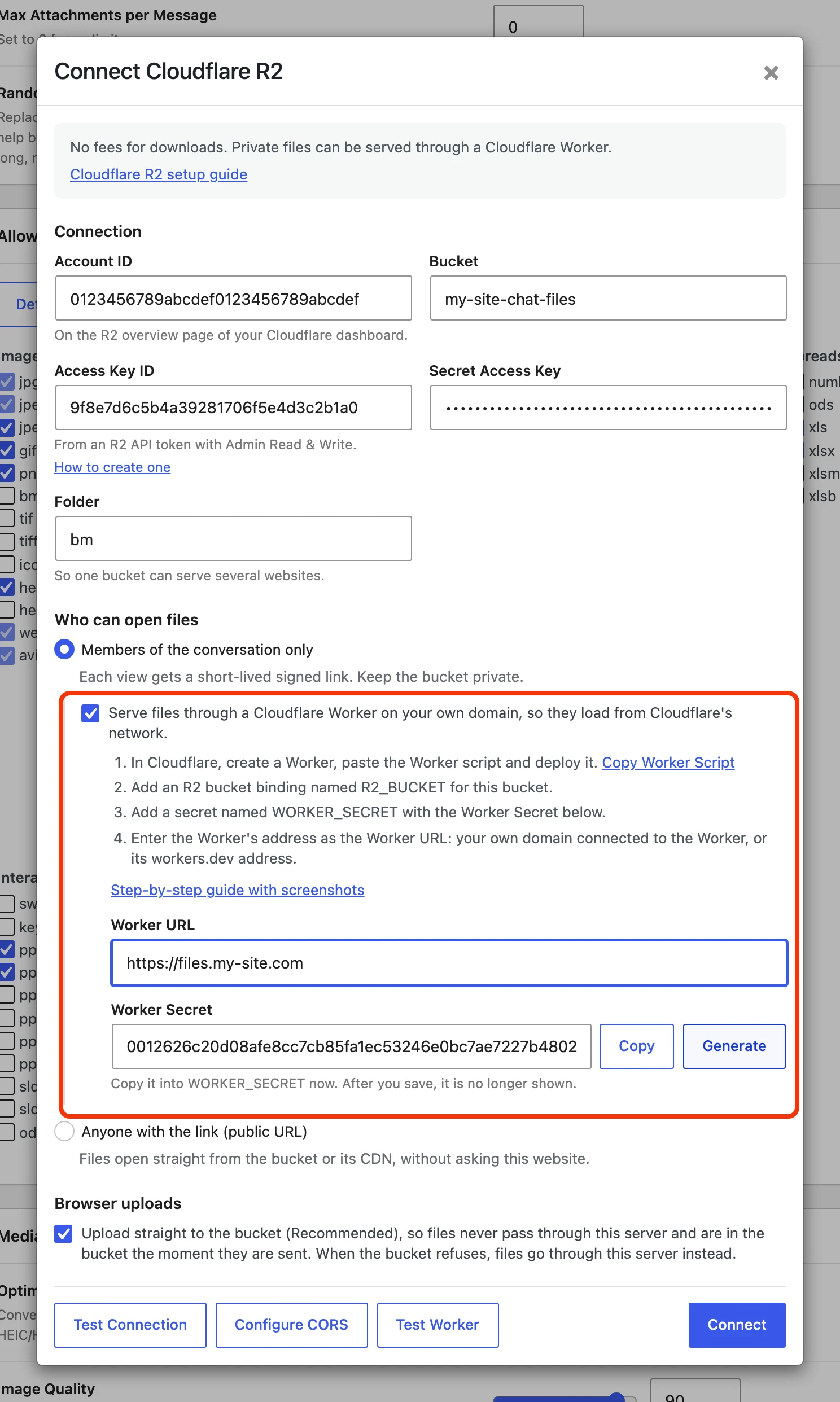 Worker settings under Members of the conversation only: the setup steps, Copy Worker Script, Worker URL and a generated Worker Secret