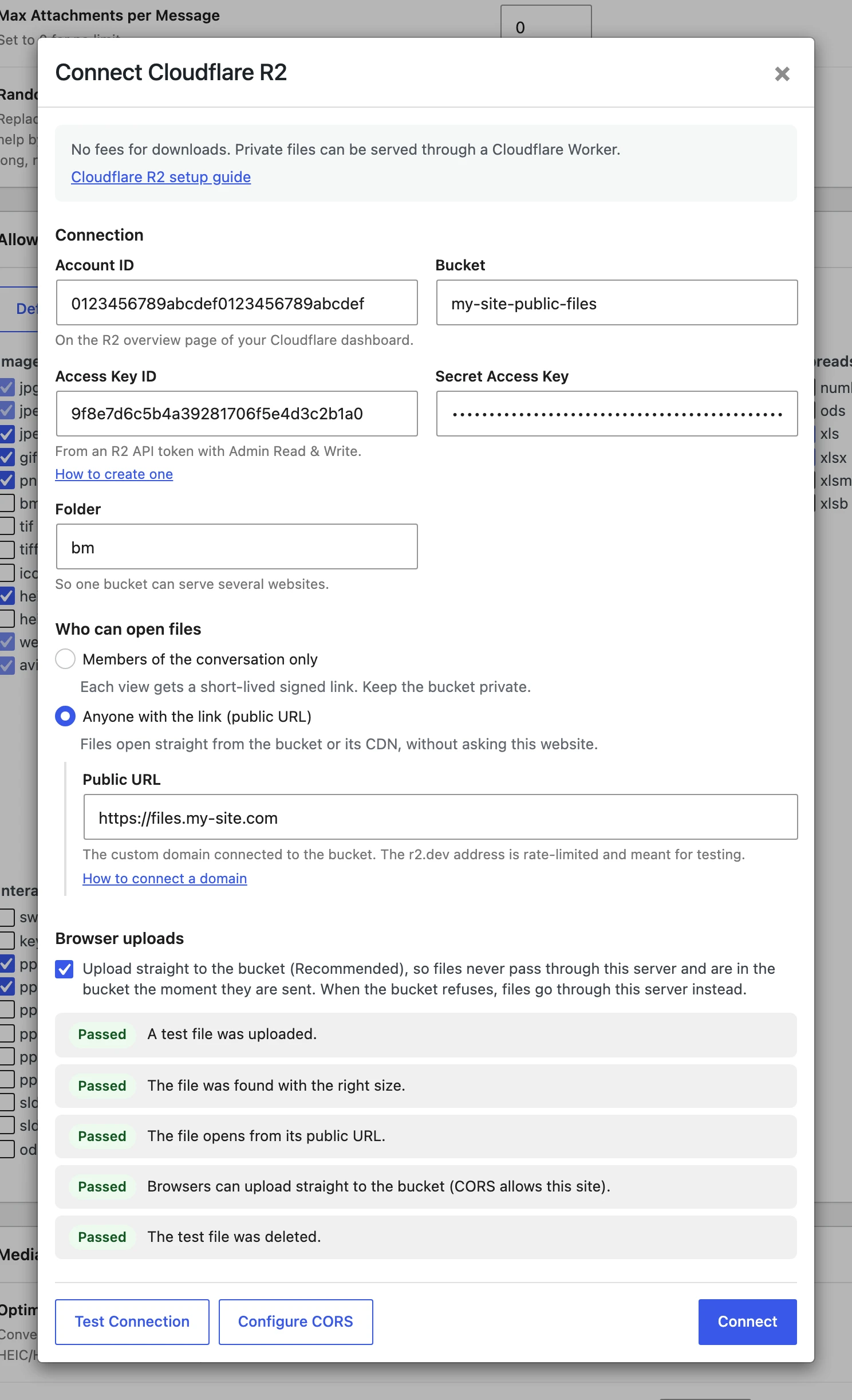 Anyone with the link chosen with a Public URL, and every Test Connection check passed