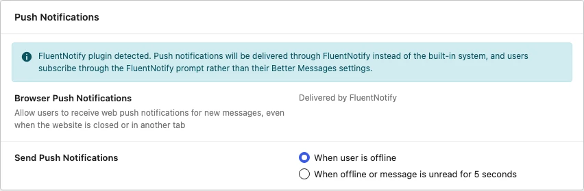 Better Messages Notifications settings showing the FluentNotify integration is active