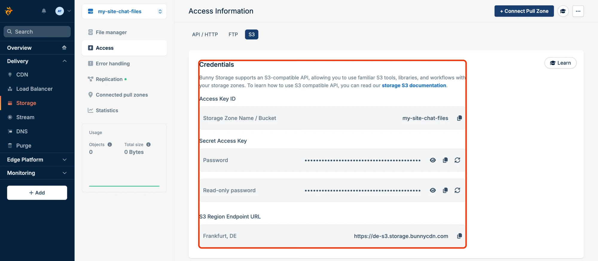 The S3 tab of the storage zone's Access page with the zone name, the password and the region endpoint