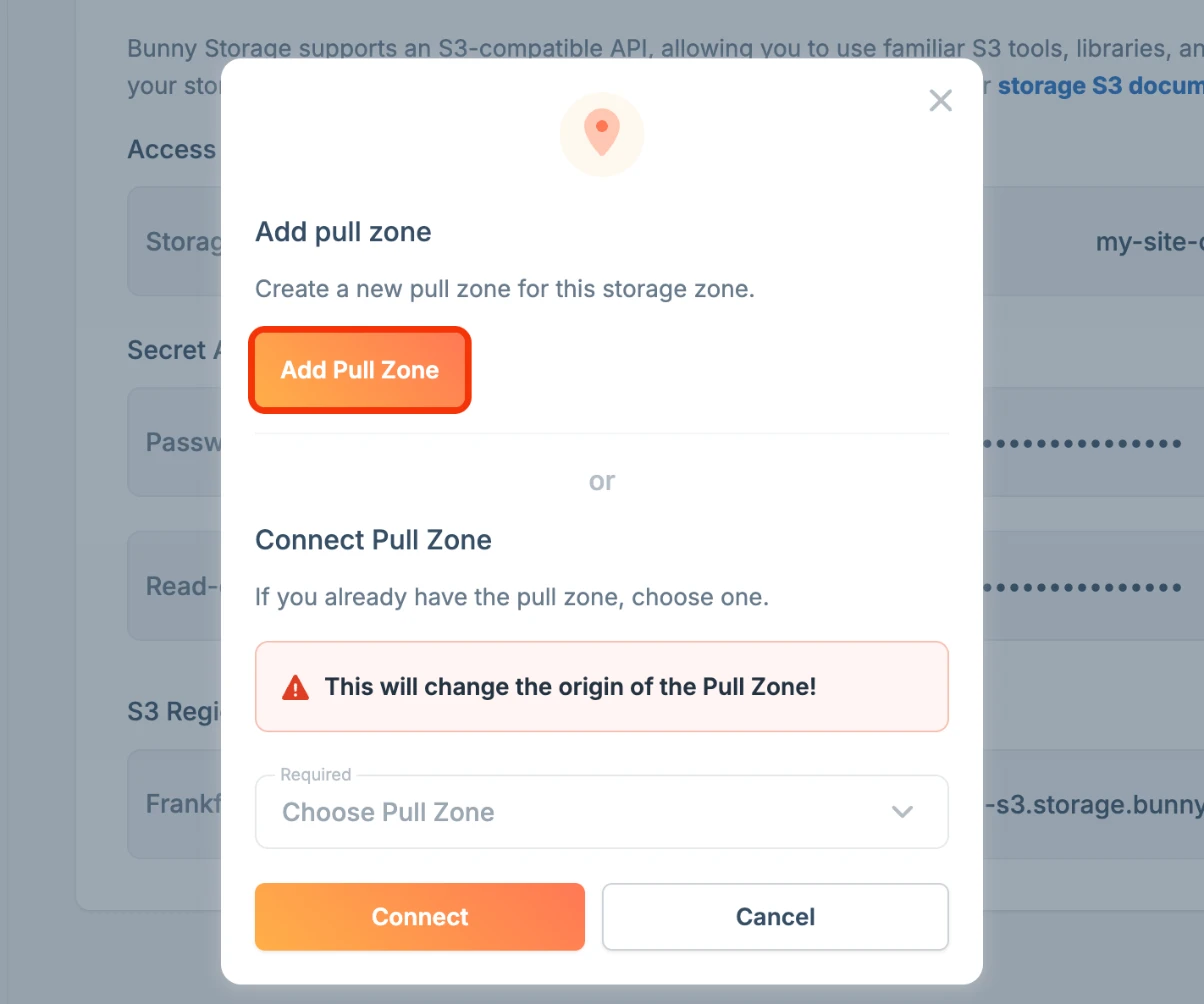 Connect Pull Zone dialog with the Add Pull Zone button