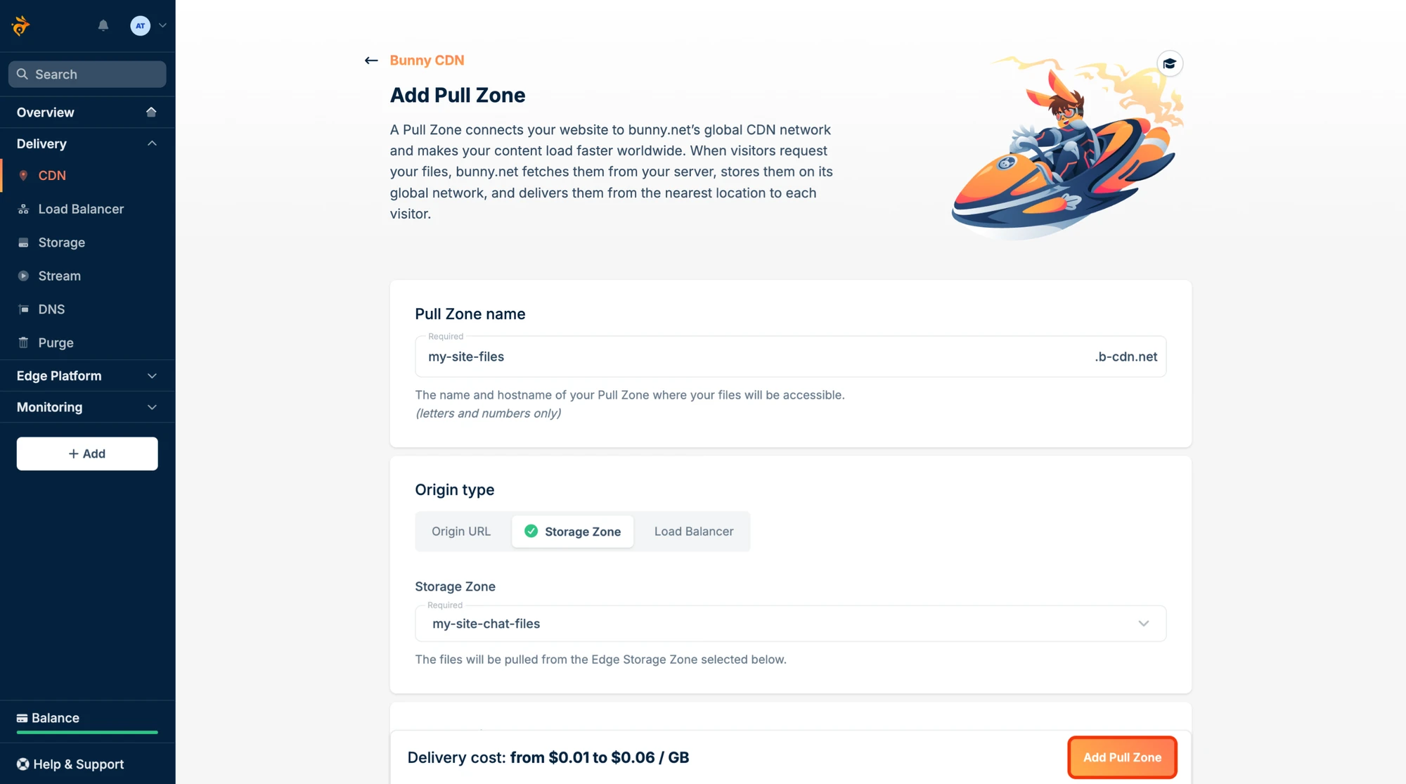 Add Pull Zone form with the name filled in and the storage zone as its origin