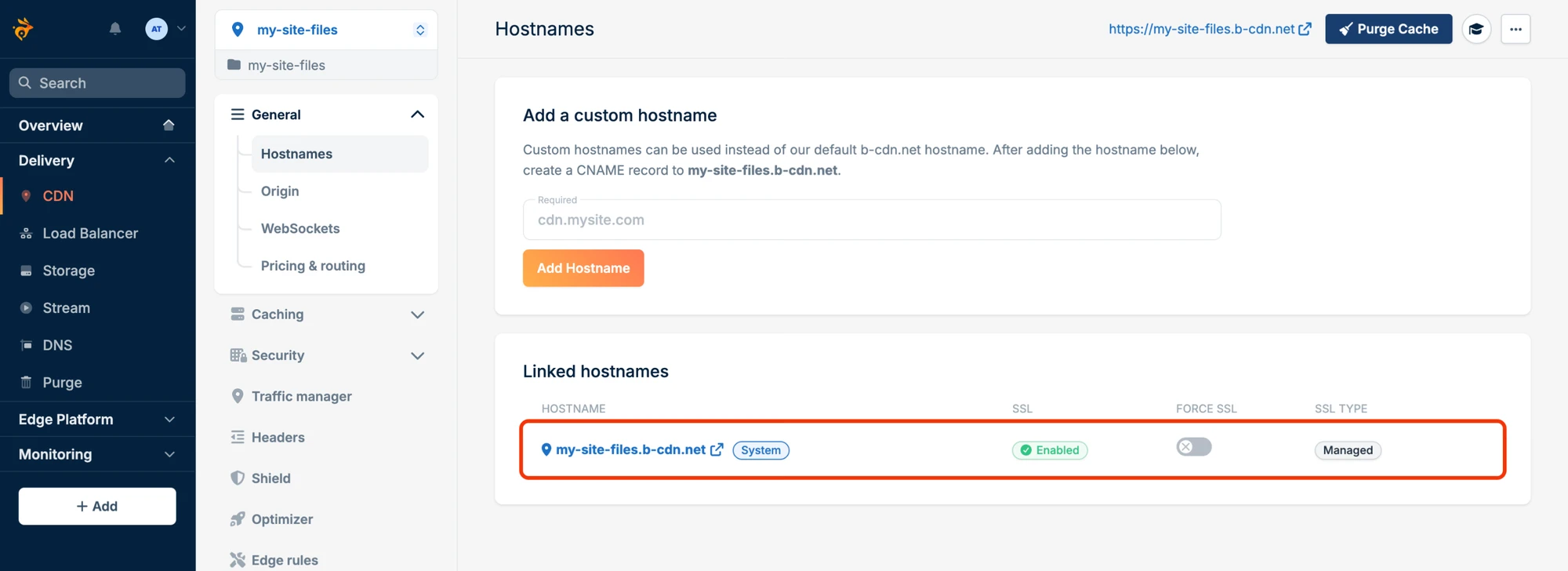 The Pull Zone's Hostnames page with its b-cdn.net address under Linked hostnames