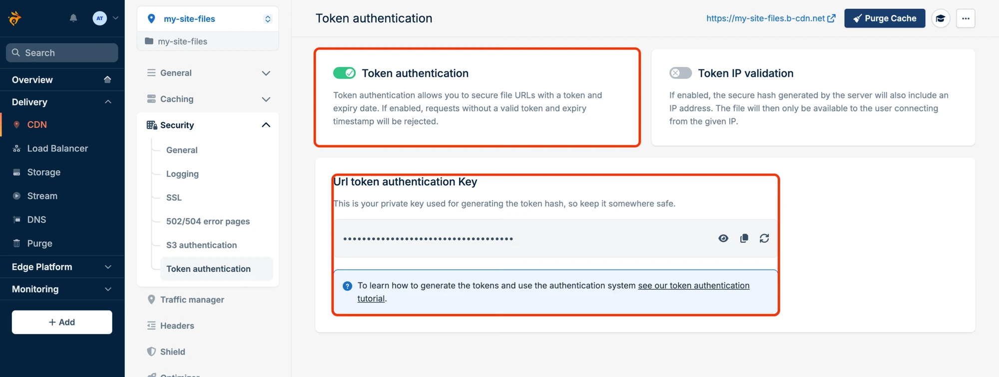 The Pull Zone's Token authentication page with Token authentication on and the key