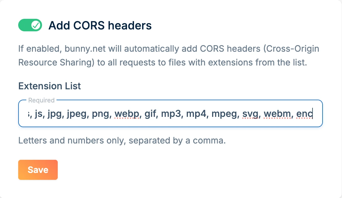 The Pull Zone's Headers settings with Add CORS headers on and enc added to the Extension List