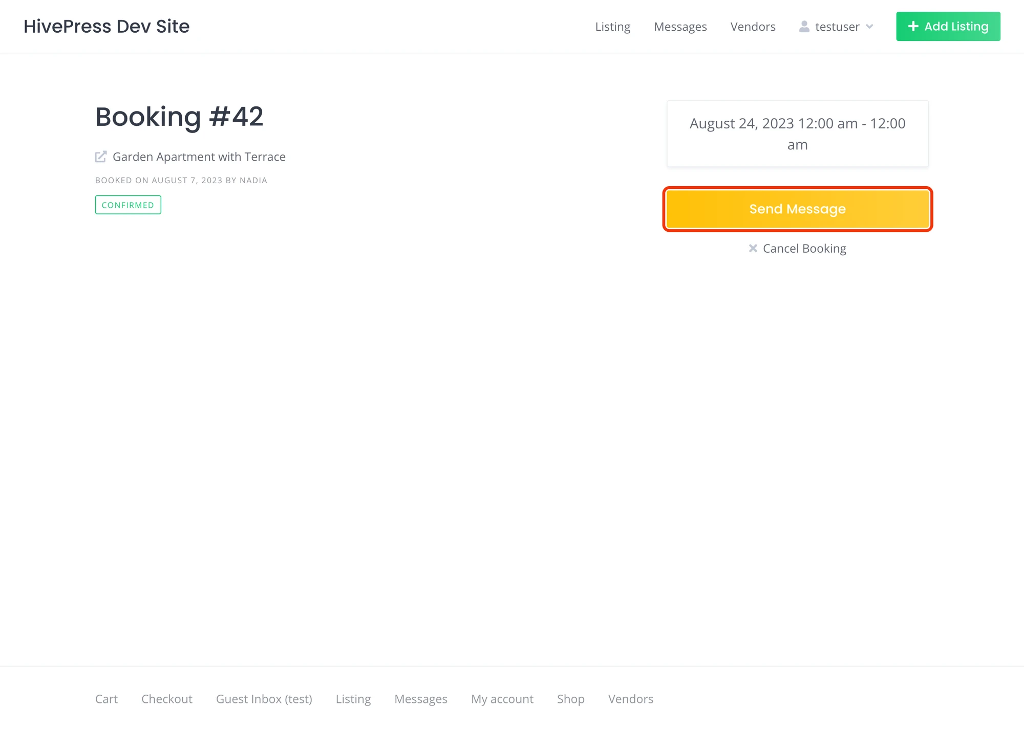 Send Message button on a HivePress booking page