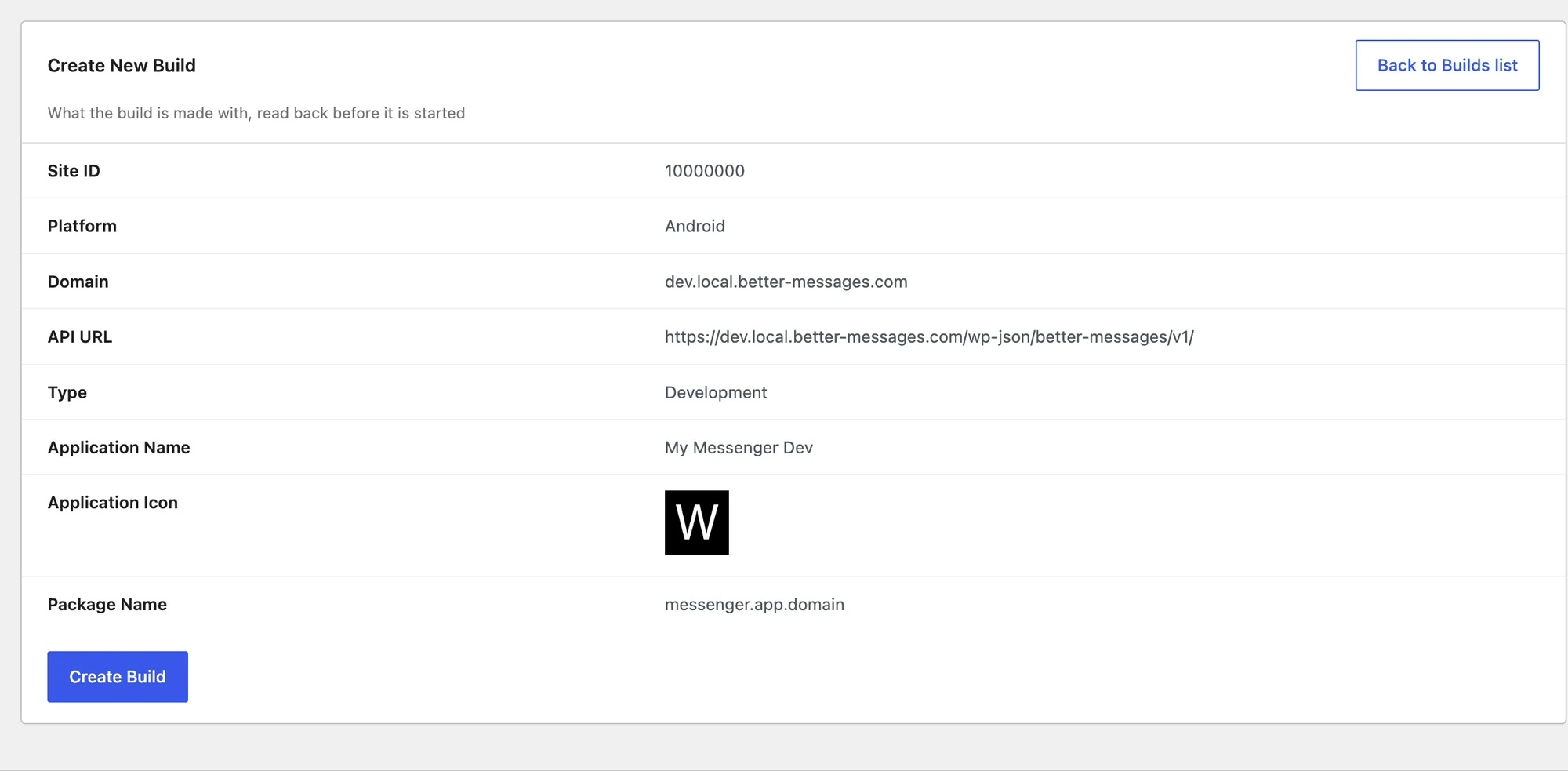 The Create New Build summary for an Android development build