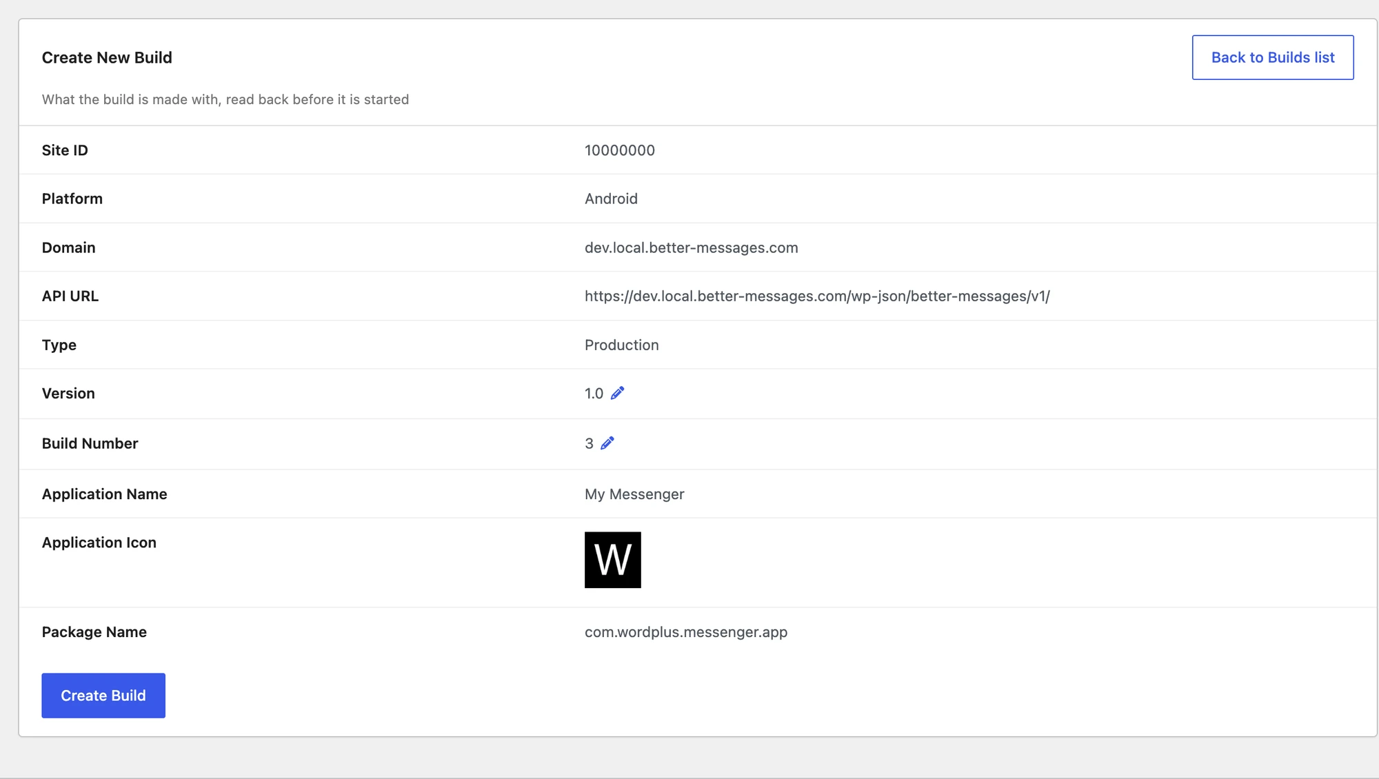 The Create New Build summary for an Android production build, including Version and Build Number