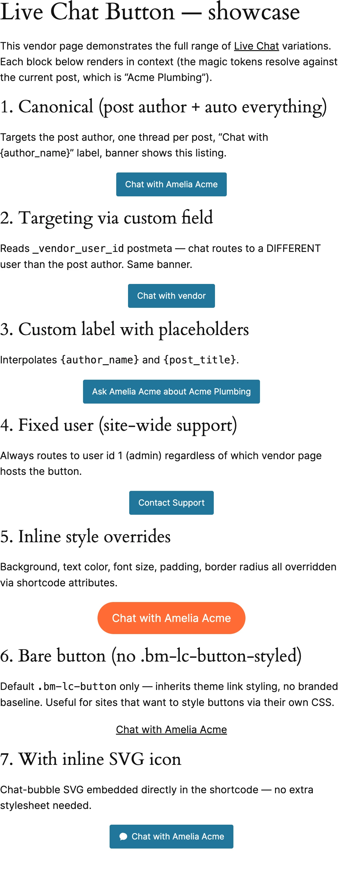 Live Chat Button — variations on a vendor page