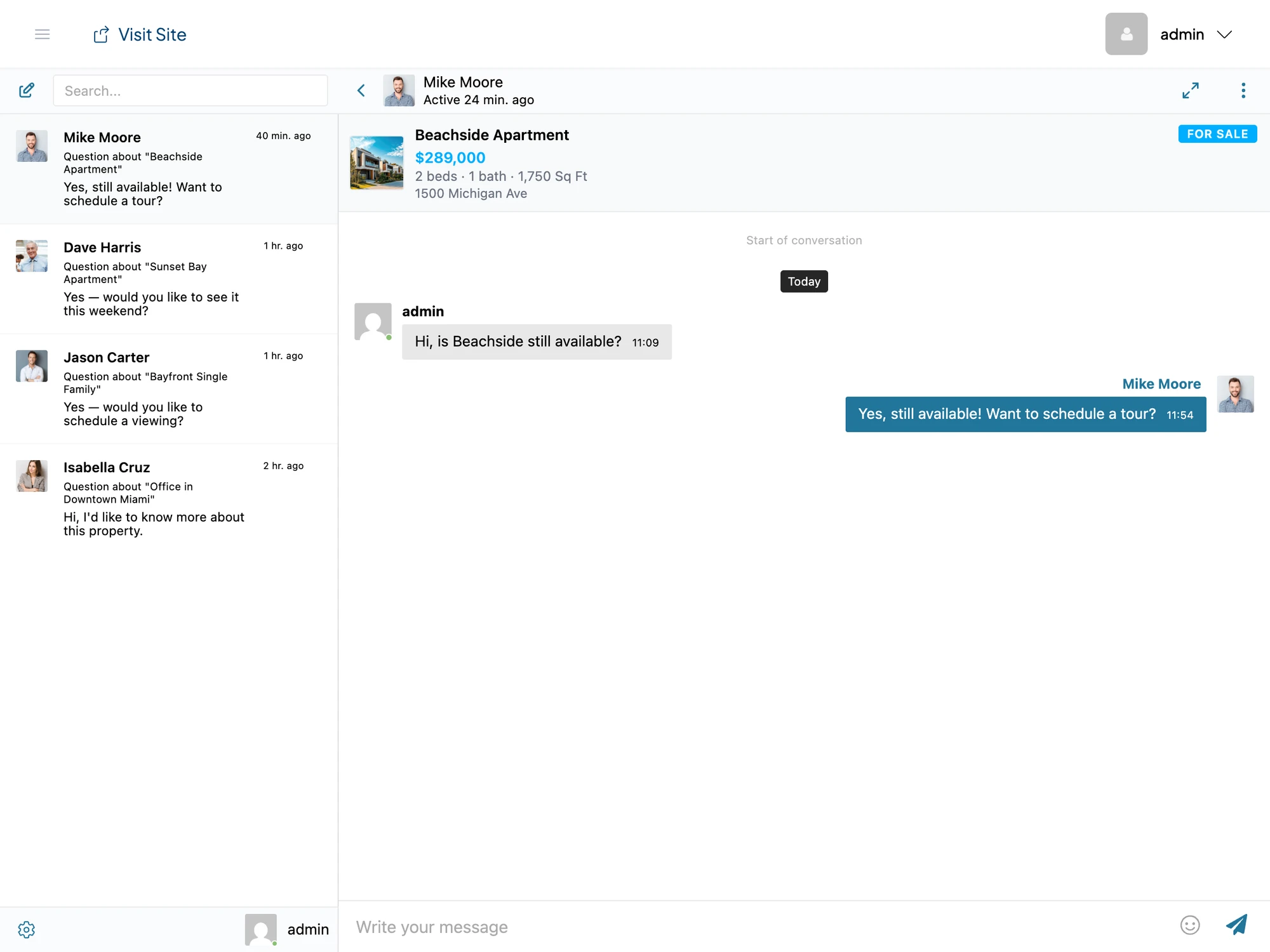 Buyer-side view: two different agent personas (Mike Moore and Dave Harris) on threads that both route to the same fallback WP user, plus persona attribution on every reply