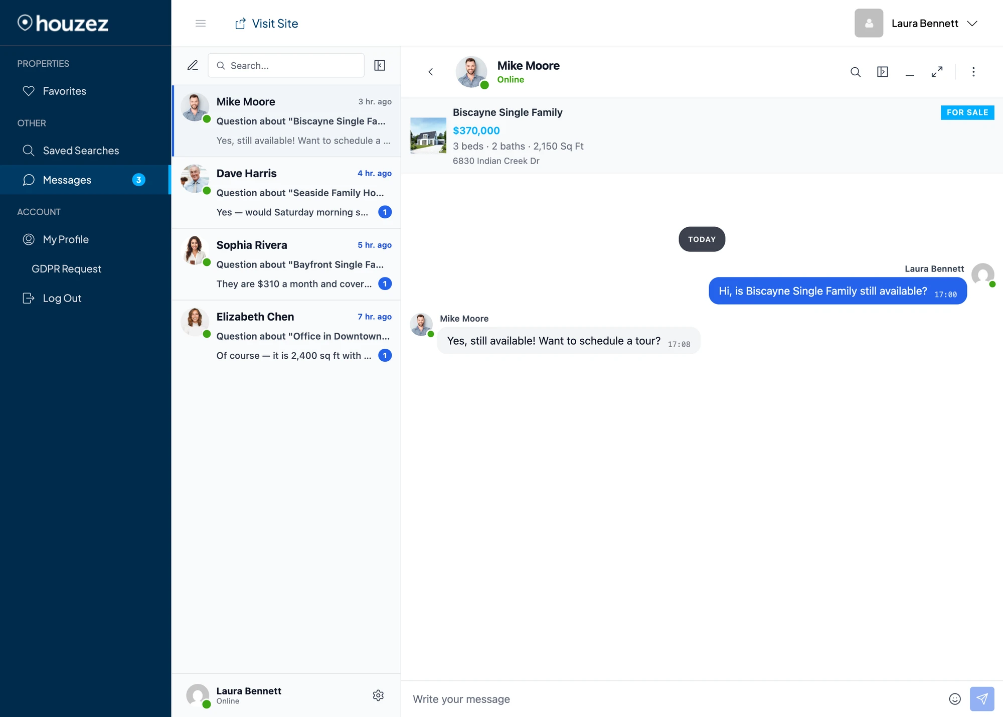 Buyer-side view: two different agent personas (Mike Moore and Dave Harris) on threads that both route to the same fallback WP user, plus persona attribution on every reply