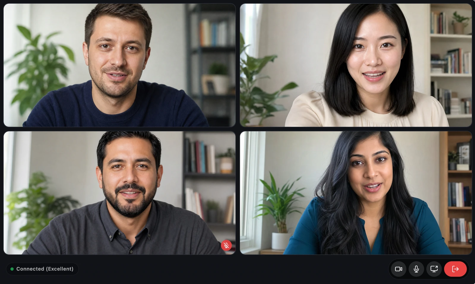 A group video call with four people on camera, one of them muted, and the call controls below