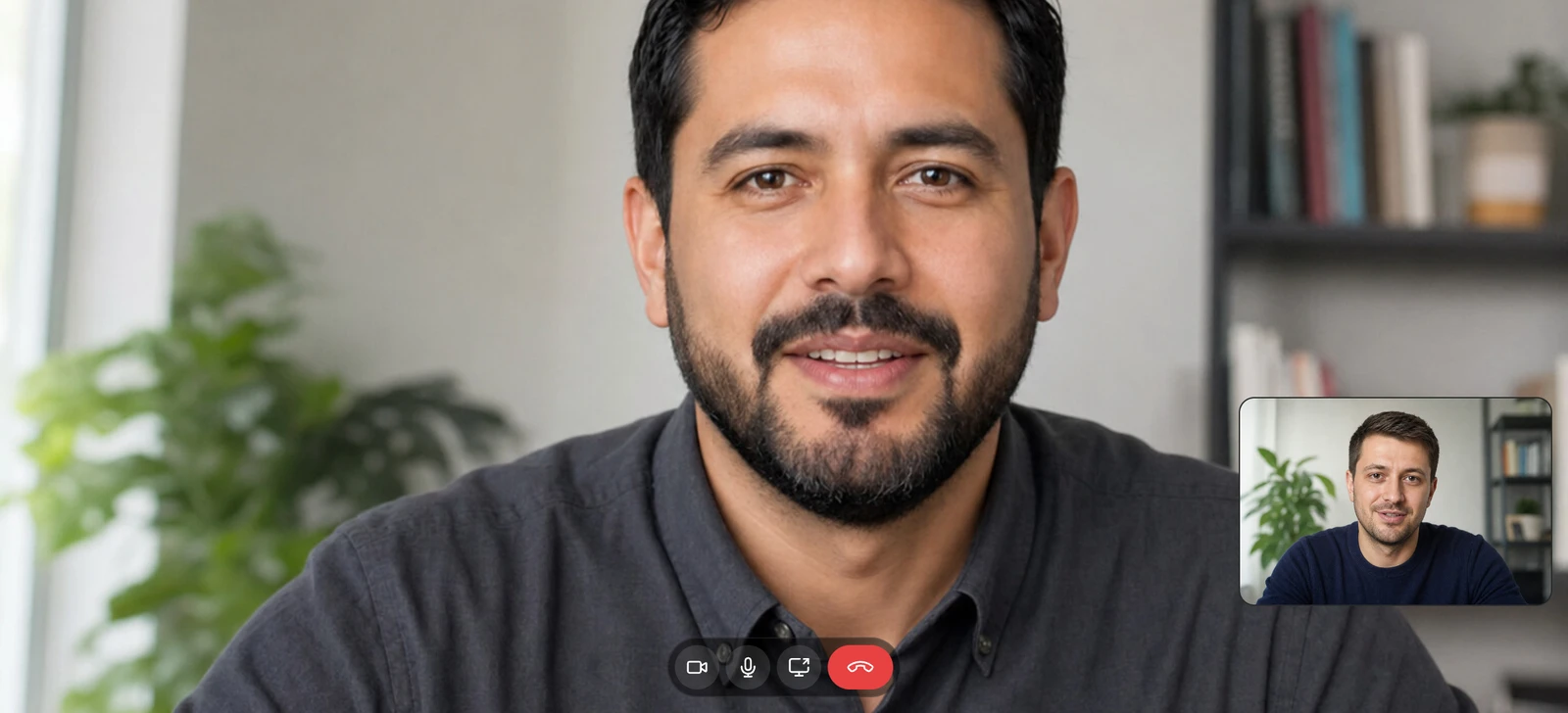 A private video call: the other person fills the screen, your own camera sits in the corner, the call controls below