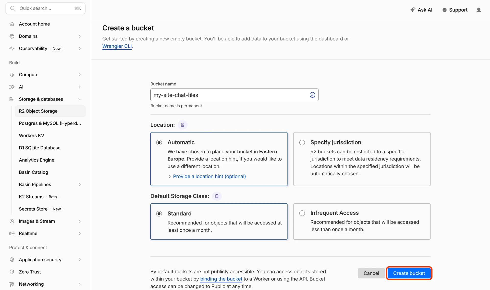 Create a bucket form with the bucket name filled in, Automatic location and Standard storage class