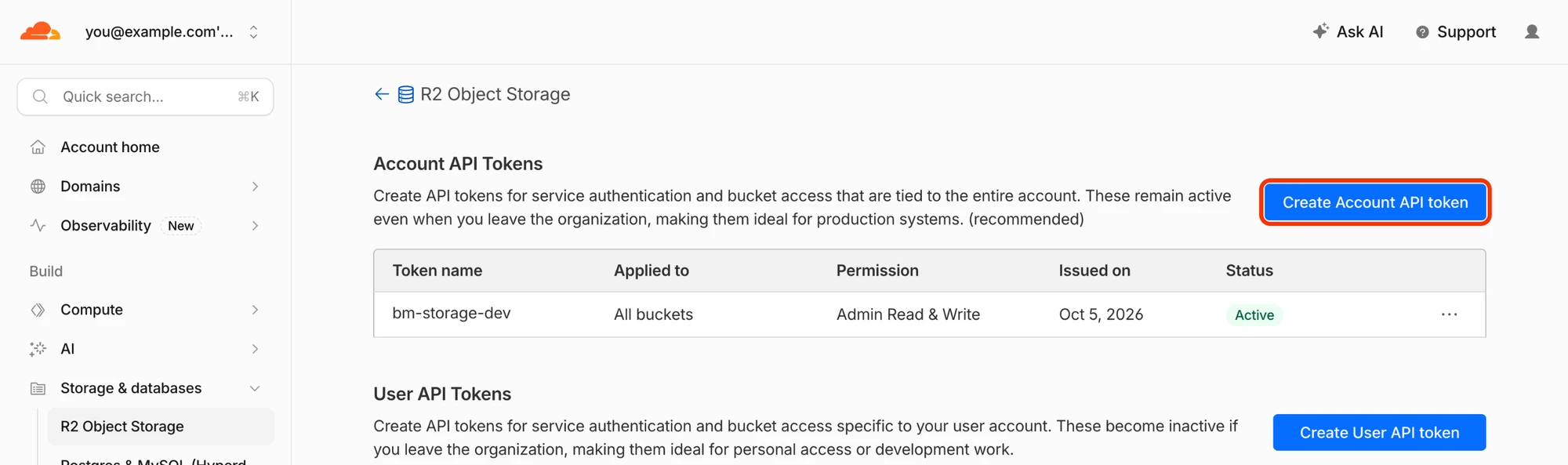 R2 API Tokens page with the Create Account API token button