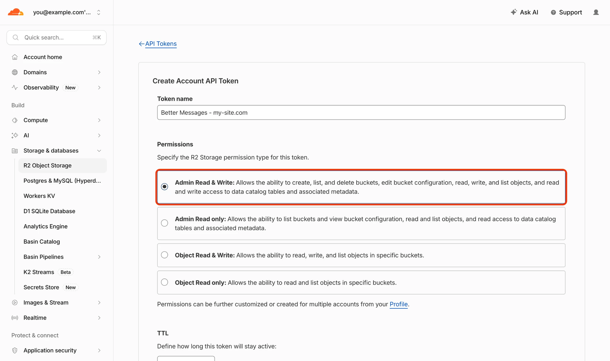 Create Account API Token form with Admin Read & Write selected